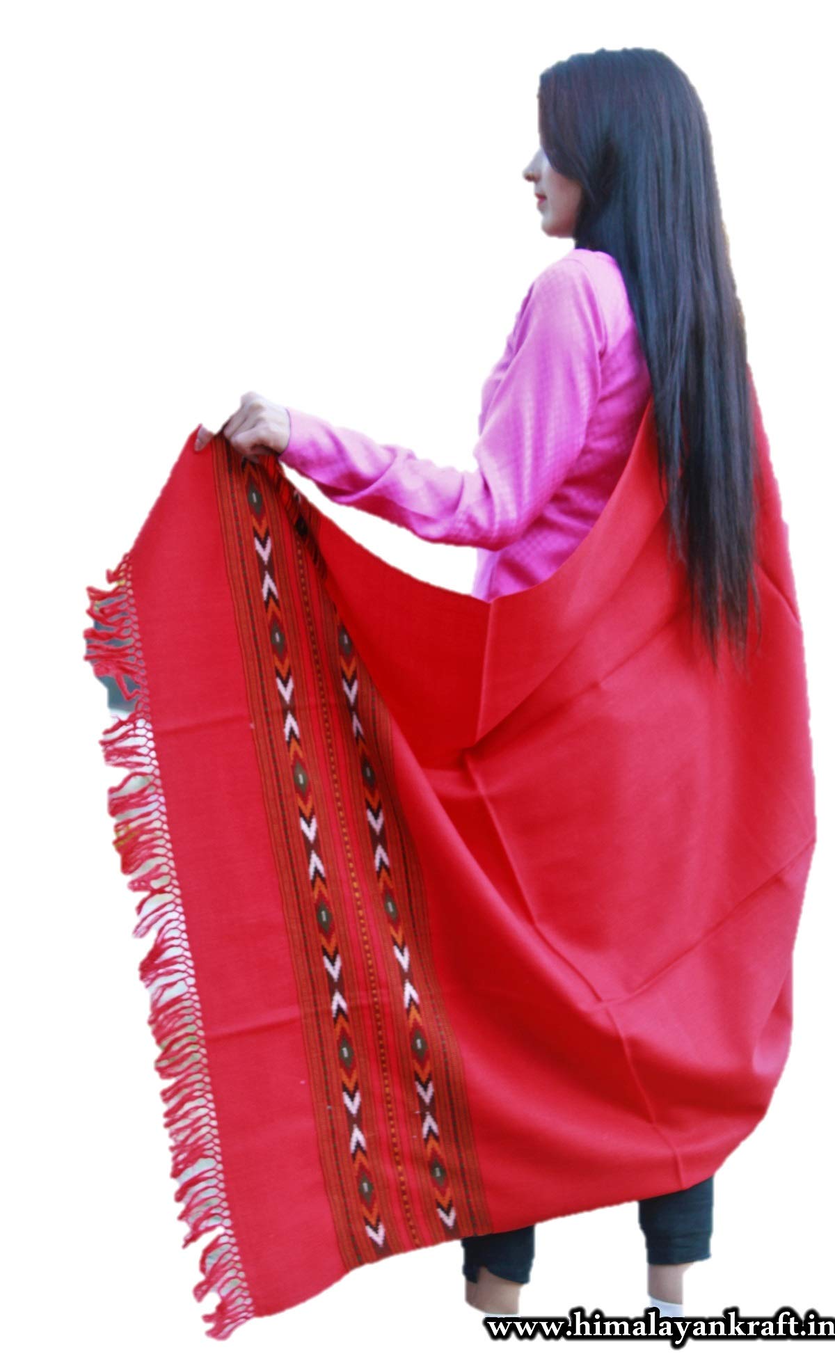 HImalayanKraft Hand Woven Kullu Handloom Woolen Shawl Red- Colored with Beautiful Kullu Weaving Designed for Women and Girls.