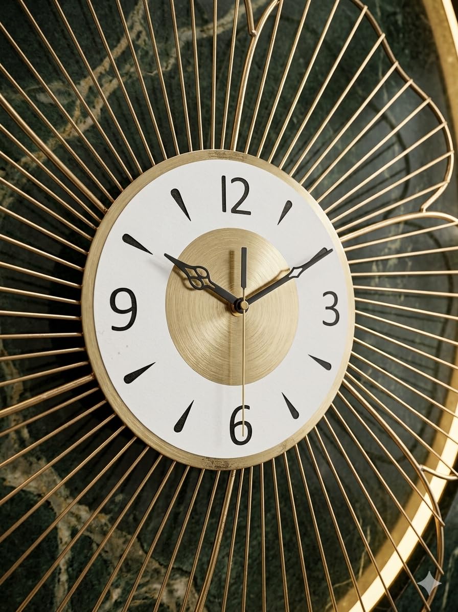 Mahira Artefacts Luxury Gold Metal Floral Wall Clock, Silent Movement, Sunburst Design, Modern Art Style, for Living Room, Bedroom, and Office