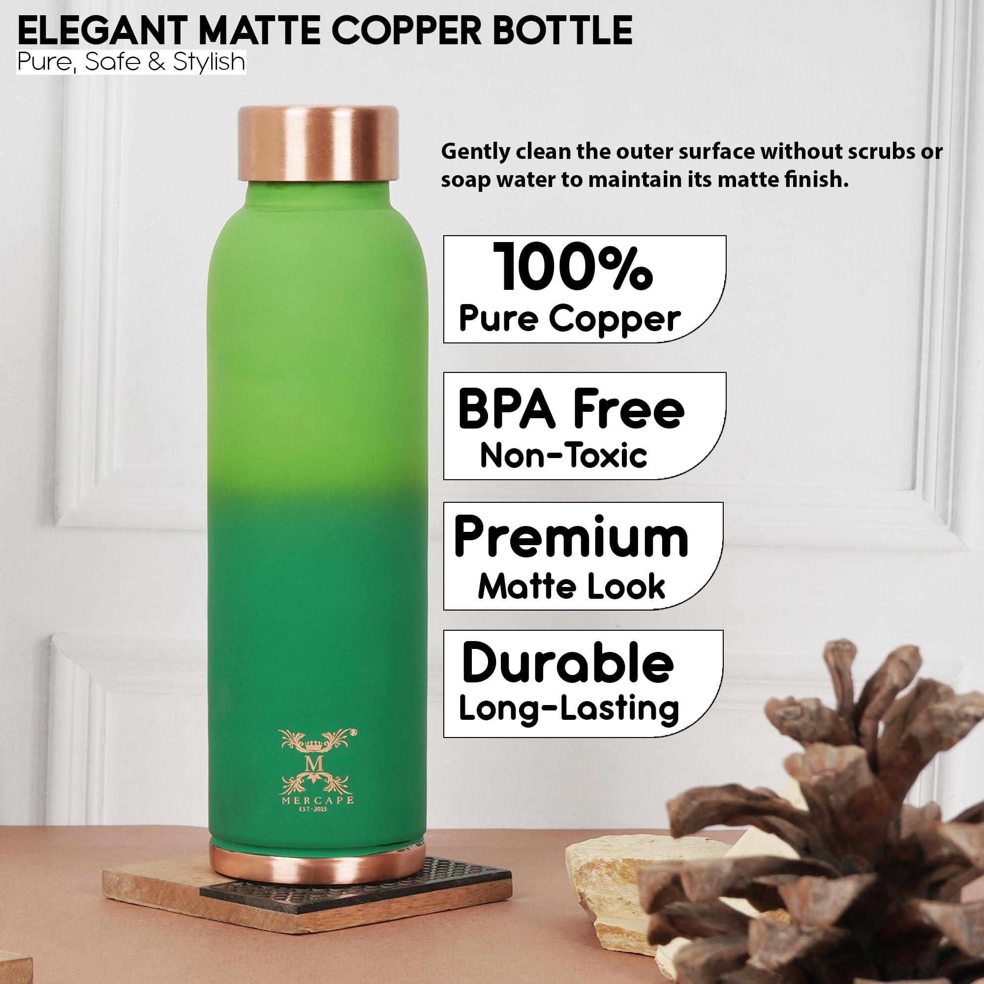 MERCAPE Pure Copper Color Water Bottle 950 ml | Matte Finish Reusable Metal Bottle with Leak-Resistant Cap | Suitable for Home, Office & Travel (Green Gradient)