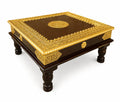 Kamdhenu Art and Craft Wooden Chowki | Floral Brass Fitted Decorative Bajot for Sitting Pooja Temple (Gold 15)