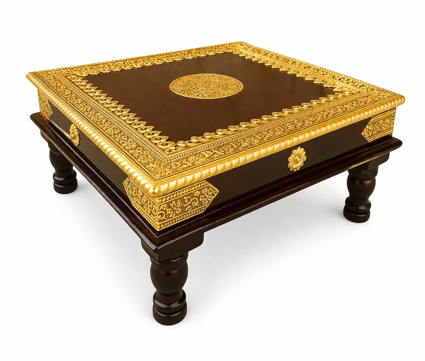 Kamdhenu Art and Craft Wooden Chowki | Floral Brass Fitted Decorative Bajot for Sitting Pooja Temple (Gold 15)