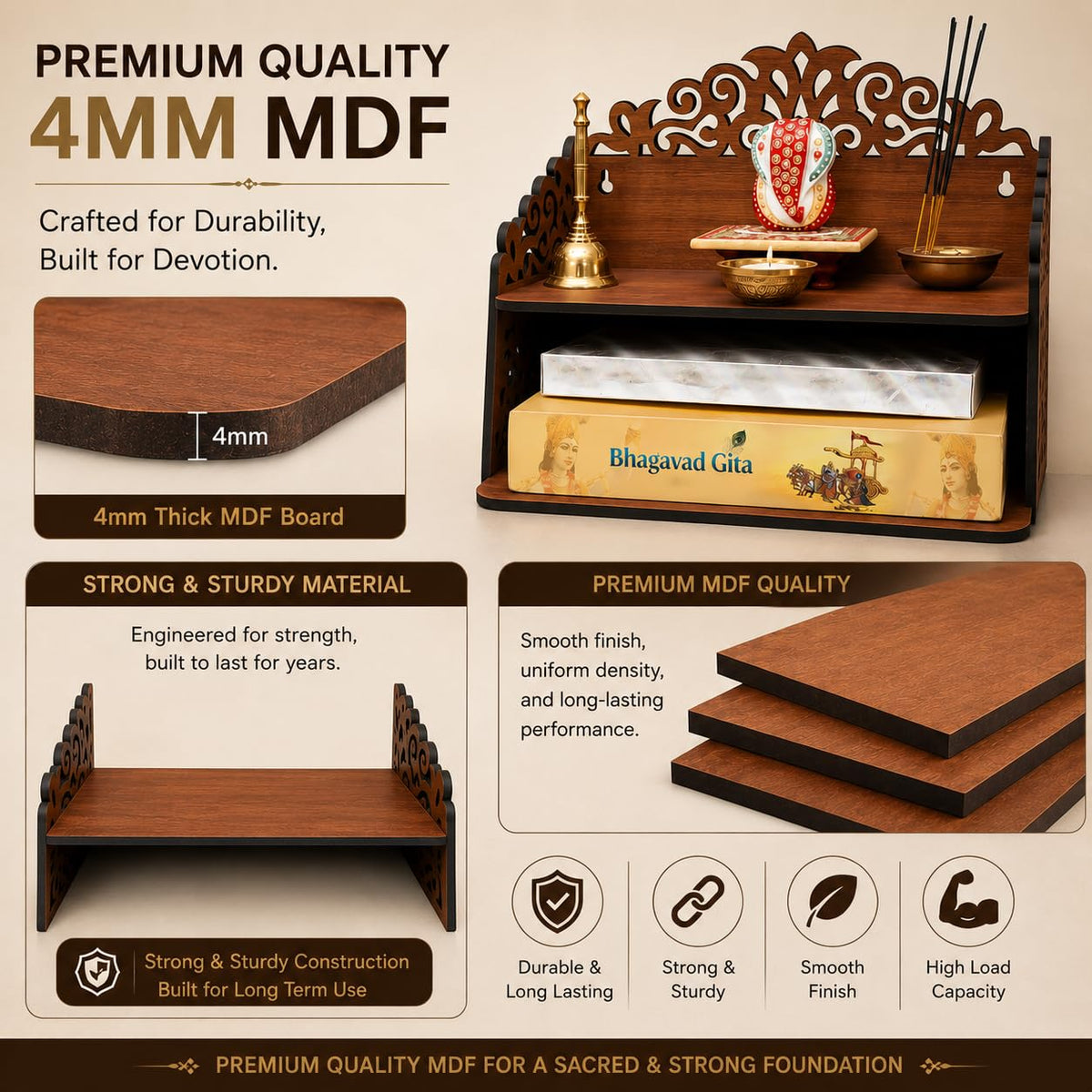 Fliptic Wooden Home Temple for Puja | Temple for Home and Office l Puja Mandir l Wooden Mandir l Compact Pooja Ghar Stand for Prayer Room, Living Room Decor