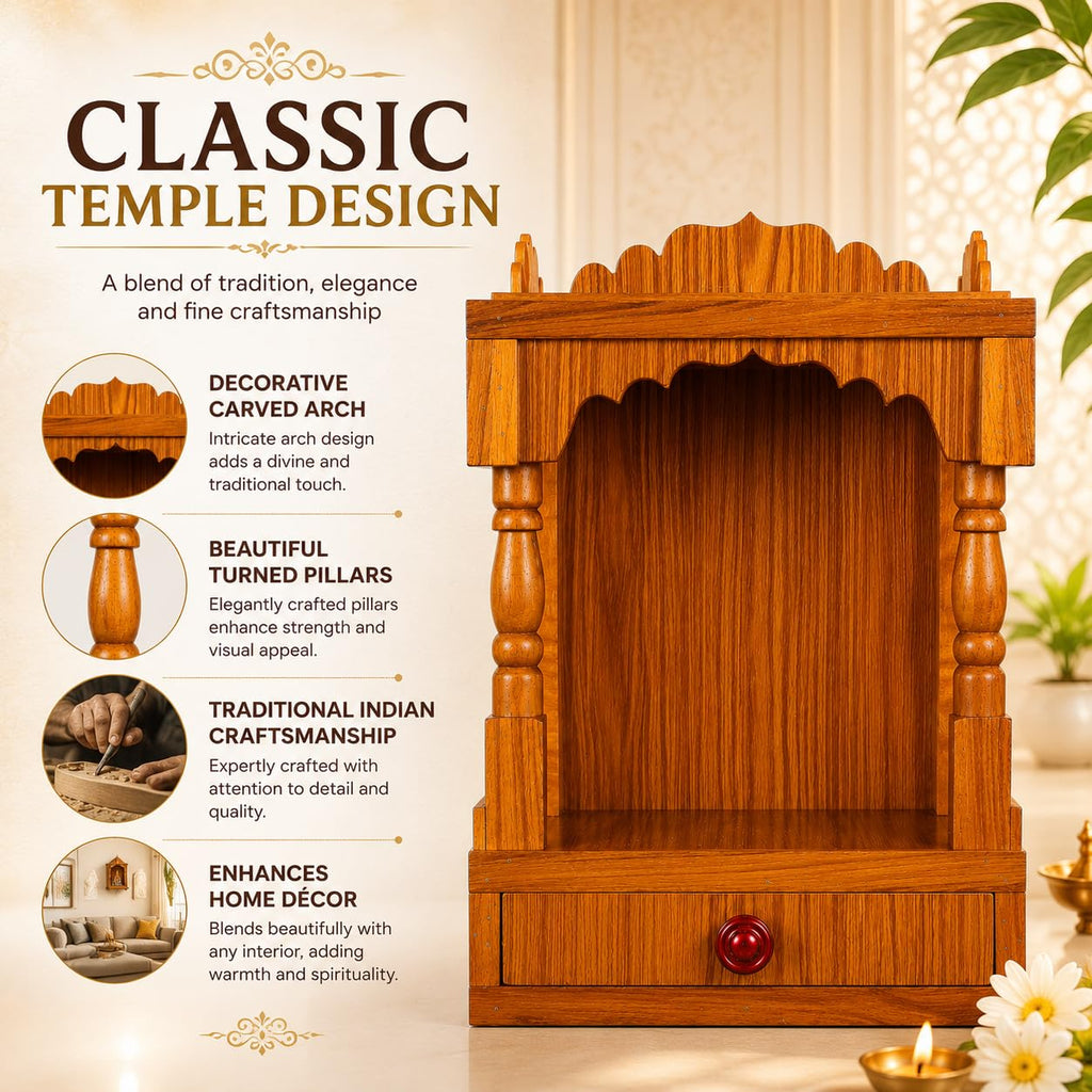 INFINITYS Wooden Home Temple for Pooja, 22 × 32 × 45 cm