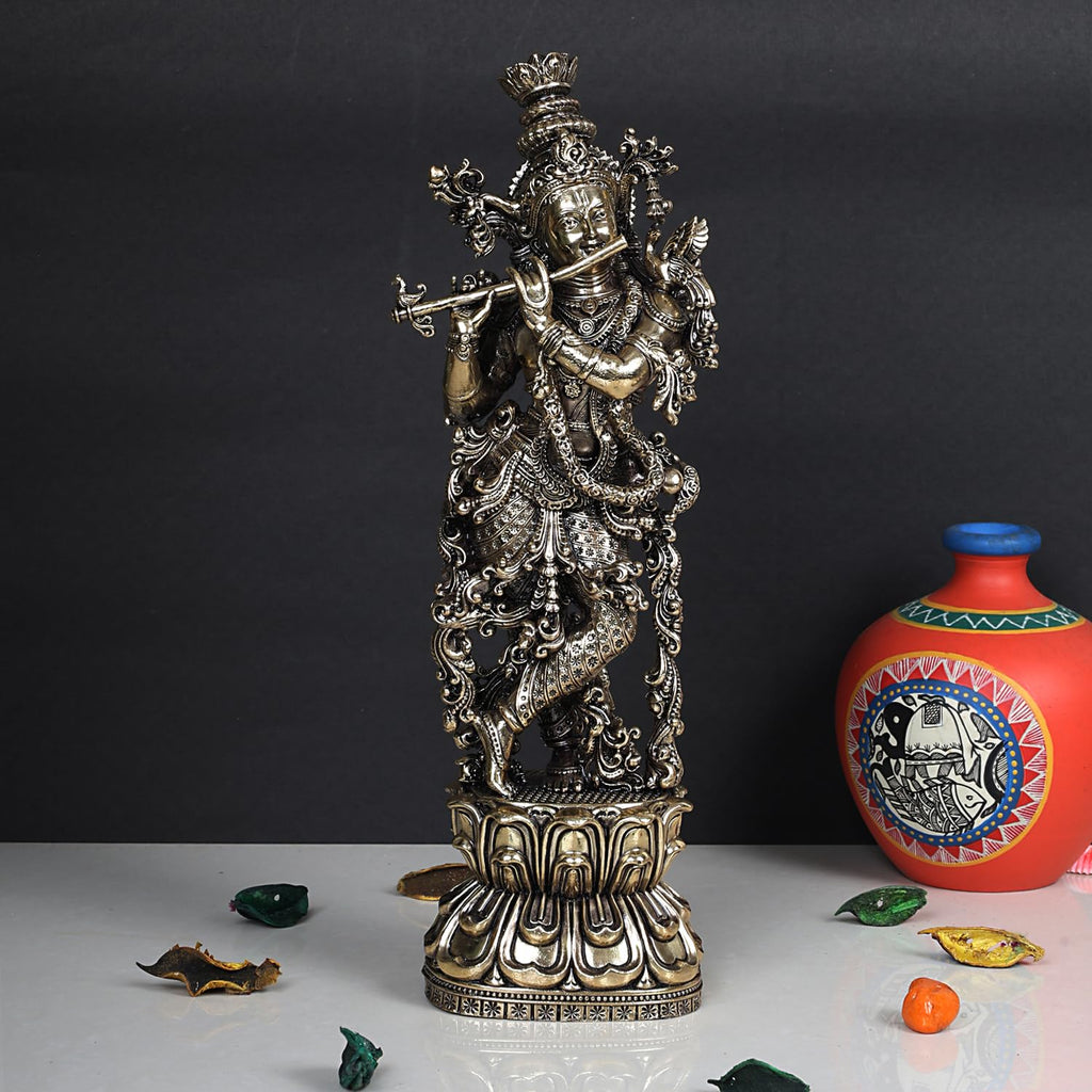 ARTVARKO Lord Large Krishna God Brass Murti Statue of Love Flute Playing Home Décor Living Pooja Room Mandir Temple 12 Inch