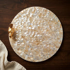 Mother of Pearl Round Tray with Gold Bird Handle | Premium Decorative Serving Tray for Home Décor, Coffee Table & Dining | Luxury Platter for Serving, Display & Gifting