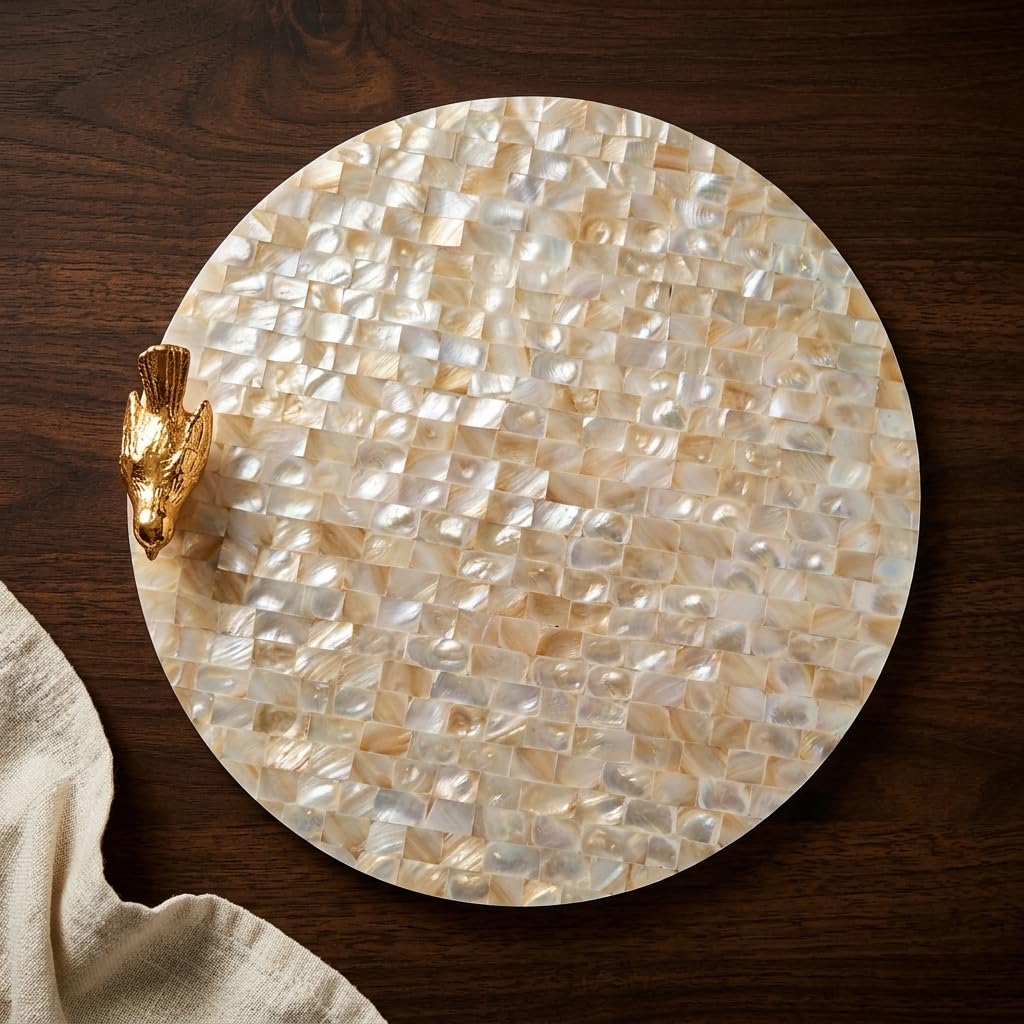 Mother of Pearl Round Tray with Gold Bird Handle | Premium Decorative Serving Tray for Home Décor, Coffee Table & Dining | Luxury Platter for Serving, Display & Gifting