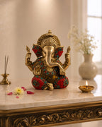 ARTSARA Brass Ganesh Idol Ganesha Vinayak Ganpati Sitting Home Entrance Decor Temple Puja Gift 5.5 Inch Multicolor