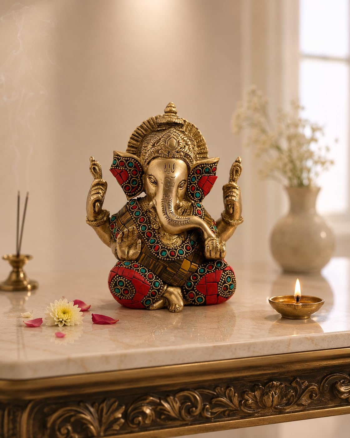 ARTSARA Brass Ganesh Idol Ganesha Vinayak Ganpati Sitting Home Entrance Decor Temple Puja Gift 5.5 Inch Multicolor