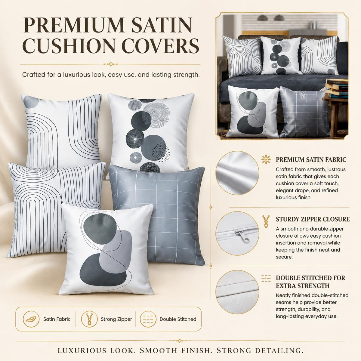 Vendola Decorative Satin Sofa Cushion Covers Set of 5, 12 inch x 12 inch, Sofa Pillow Cover, White and Grey, Zipper Closure (Monochrome, 12X12 Inches)
