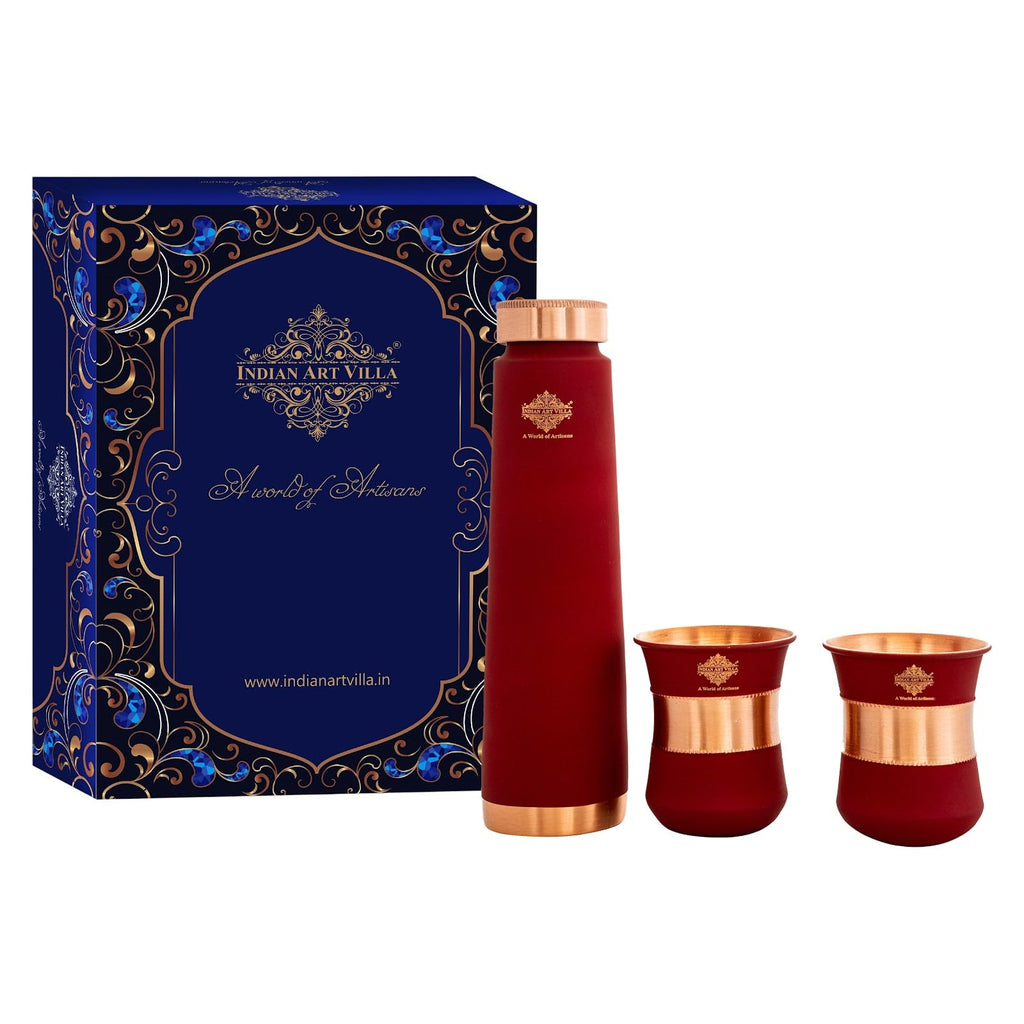 INDIAN ART VILLA Copper Bottle & Glass Set - 800 ml Water Bottle & 2 Glasses (300 ml Each) with Red Pyramid Ombre Silk Finish, Perfect for Gifting & Everyday Use
