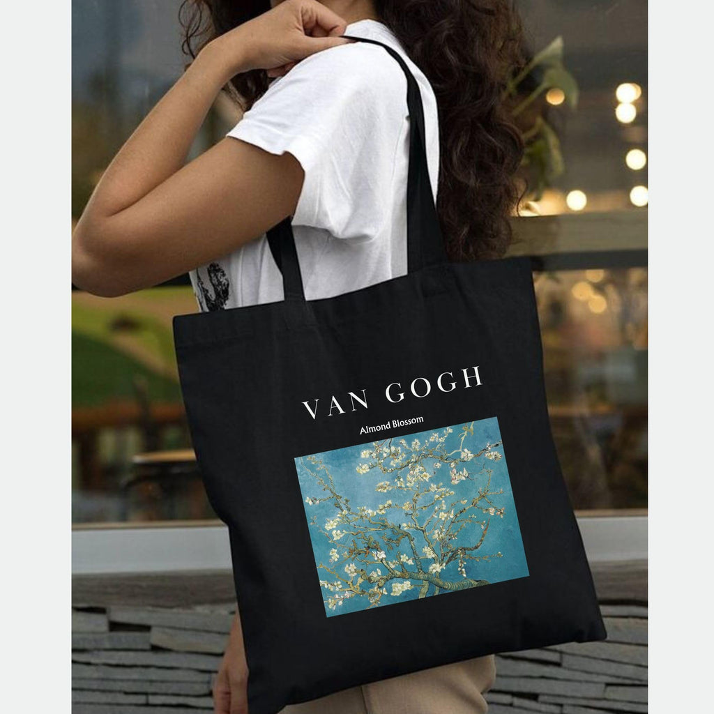 Peach Blossom Van Gogh Printed Tote Bag for Women with Zip, Stylish Cotton Handbags, Canvas Tote Bags for College (Black_VanGoghBlueSky)