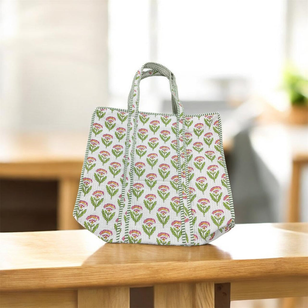Mohinii Large Quilted Cotton Tote Bag with Zipper Closure - Floral Print Reusable Shopping Bag, Sturdy Handles, Eco-Friendly 18 * 18 inch