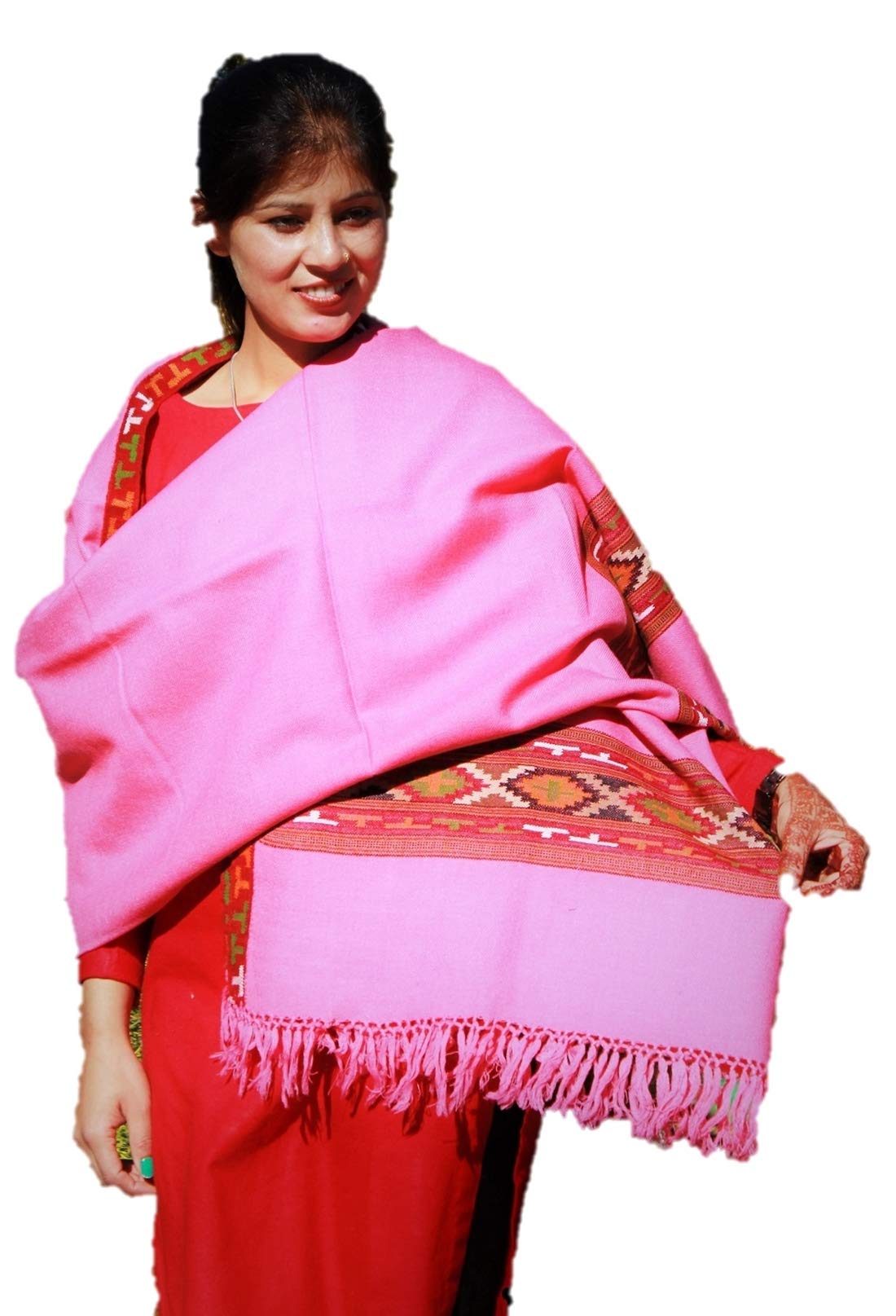 HImalayanKraft Hand Woven Kullu Handloom Pure Woolen Shawl Pink Colored with Beautiful Kullu Weaving Designed for Women and Girls.