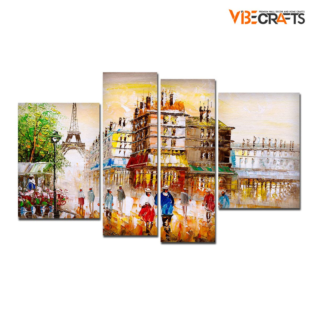 VIBECRAFTS Beautiful Street View Of Paris 4 Pieces Canvas Wall Painting Fitted With Wooden Frame For Home | Office | Living Room | Gifts (PTVC4Pcs2_14501)