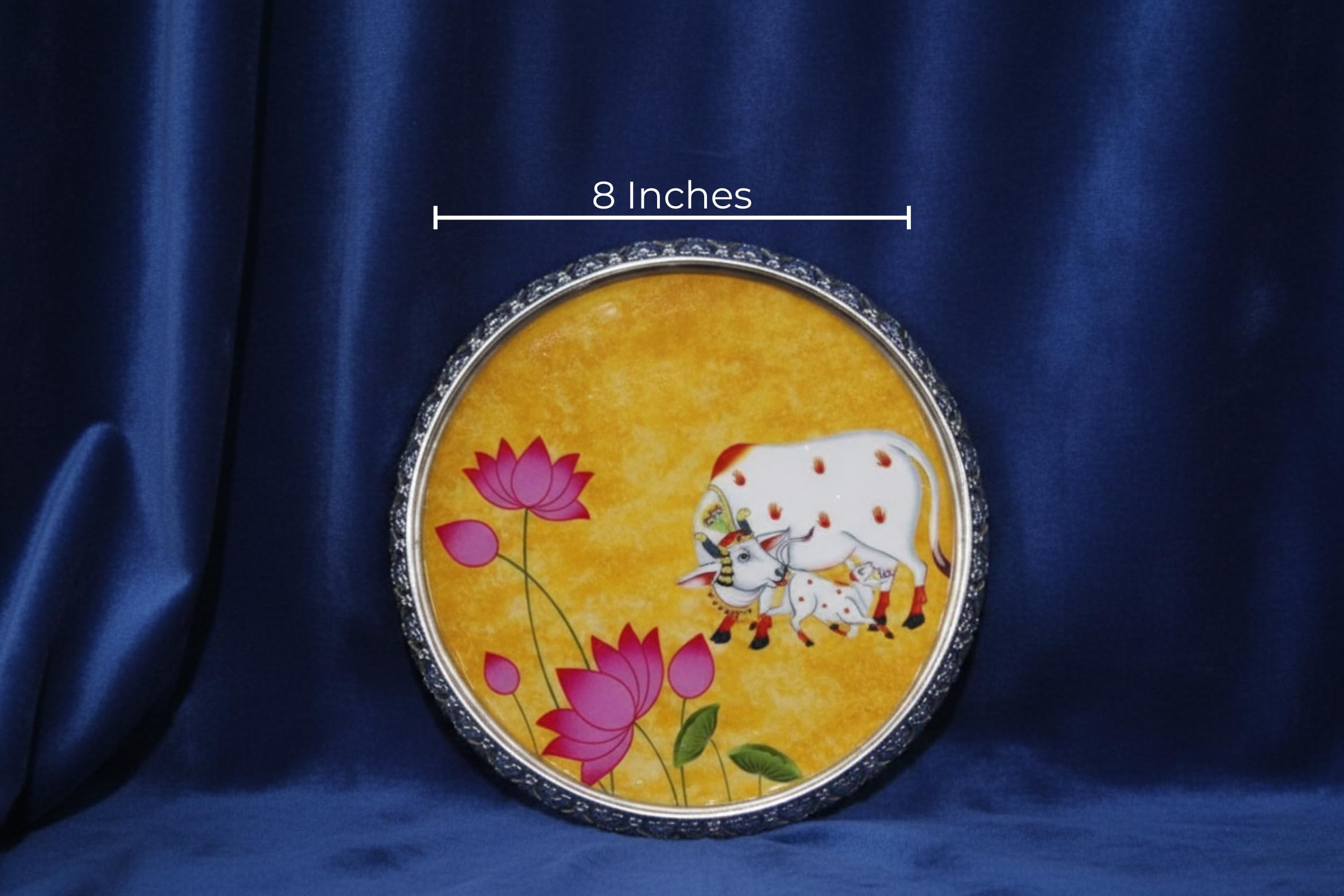 German Silver Tray 8 inches Pichwai Cow Design | Decorative Round Metal Plate for Pooja, Dry Fruits & Gifting | Traditional Handcrafted Serving Tray for Home Décor (Yellow)
