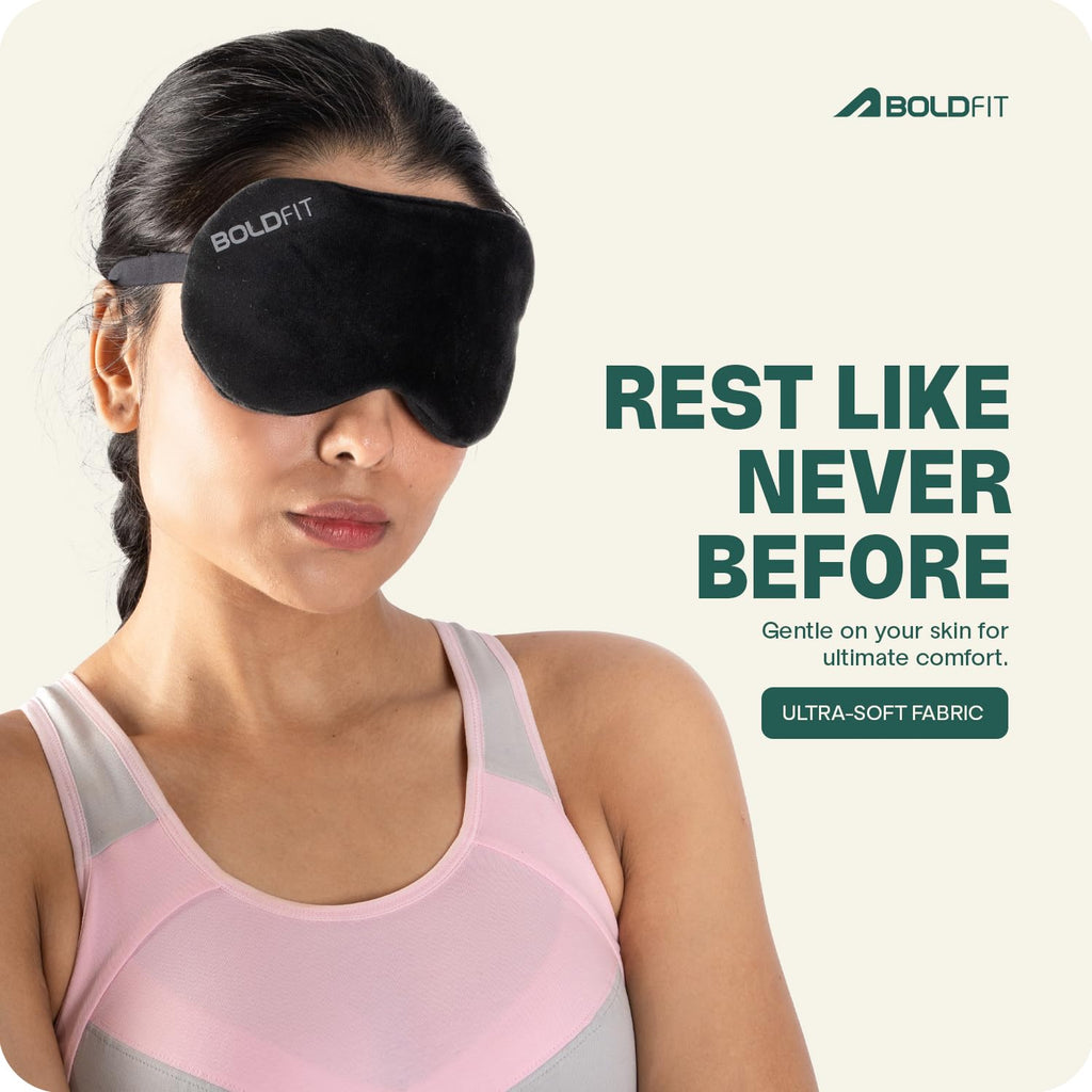 Boldfit Eye Mask for Sleeping with Adjustable Strap Super Soft Sleeping Mask Blind Fold for Comfortable Sleep Travelling Sleep Mask Pad for Girls Sleeping Eye Mask Blind Folds for Sleeping - Black