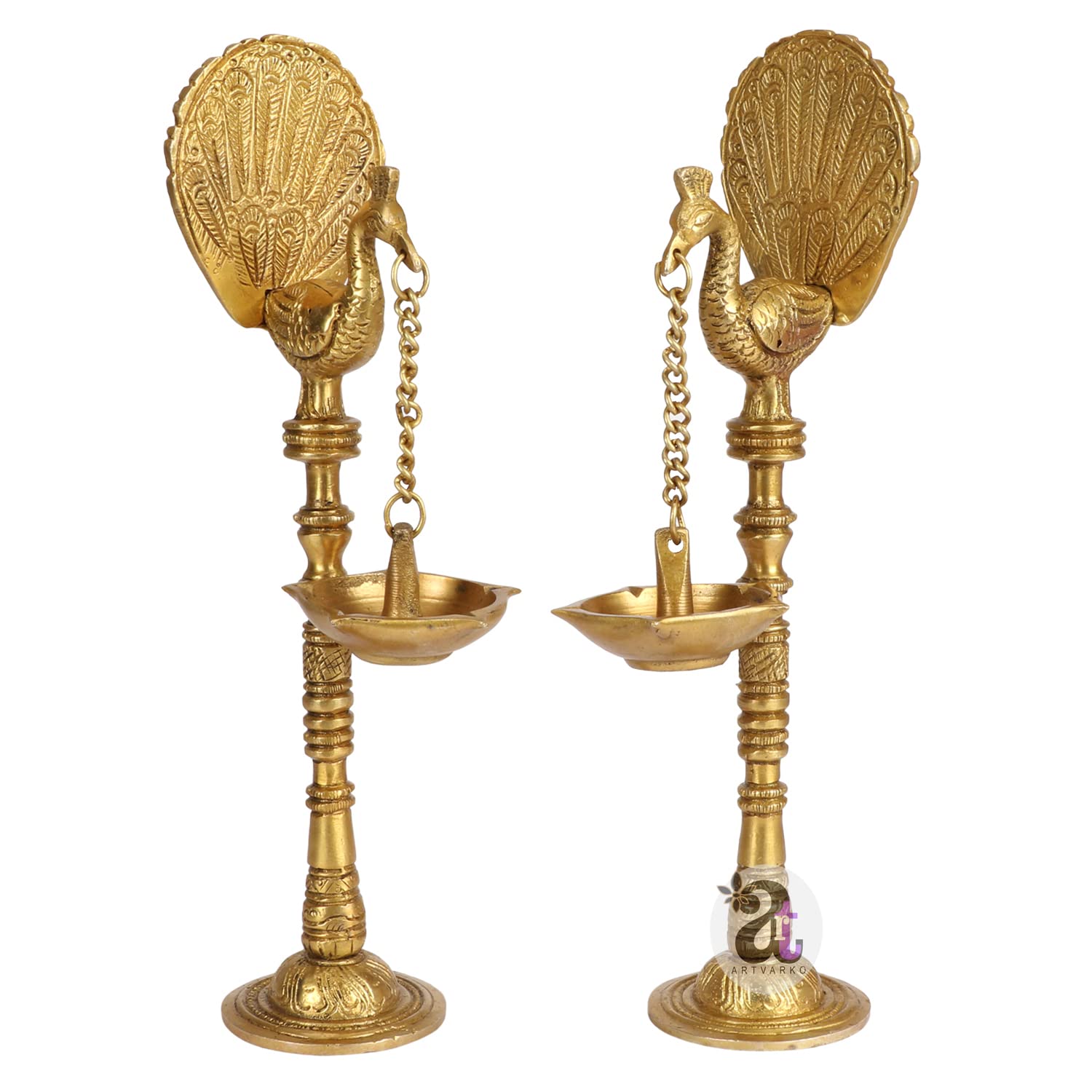 Artvarko Pair of Bird Peacock Hanging Chain Diya Oil Lamp Stand Brass Hindu Religious Puja Fengshui for Home Decor Temple Diwlai Puja Decorative Gift 9 Inches
