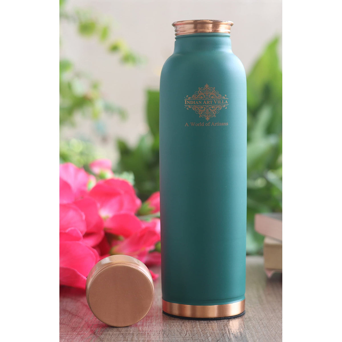 Indian Art Villa Copper Lacquer Coated Silk Finish Leak Proof Ergonomic Design Bottle in Turquoise Color, 900 ml, Pack of 1