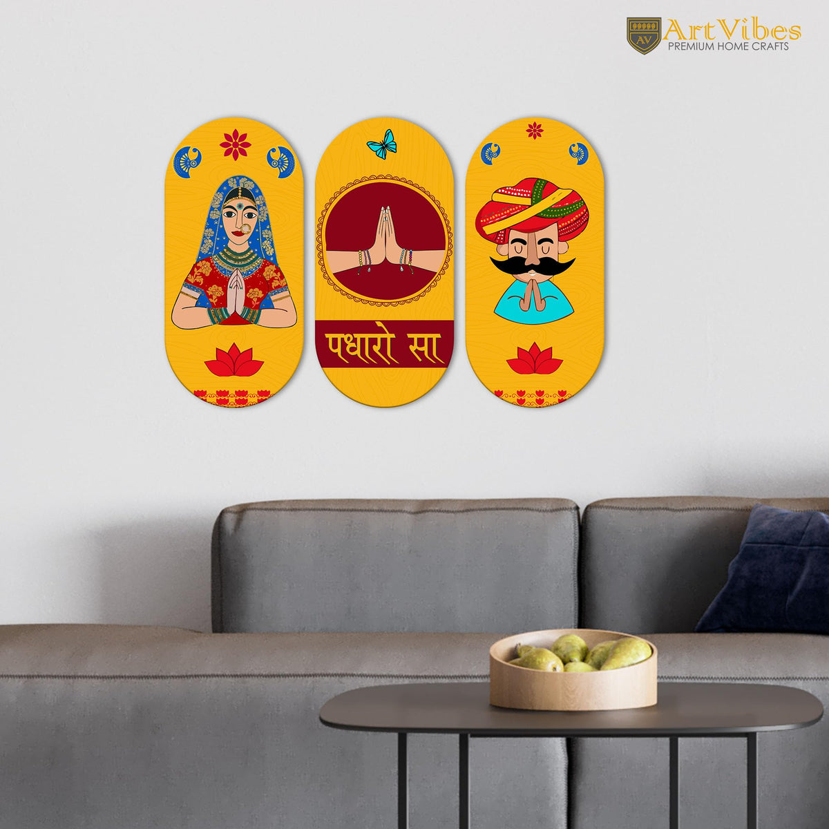 Artvibes Padharo Sa Rajasthani Art Wooden Wall Hanger for Home | Office | Living Room | Gift | Modern Decoration Items | Kitchen Wall Decor | Artworks (WH_9023N), Set of 3