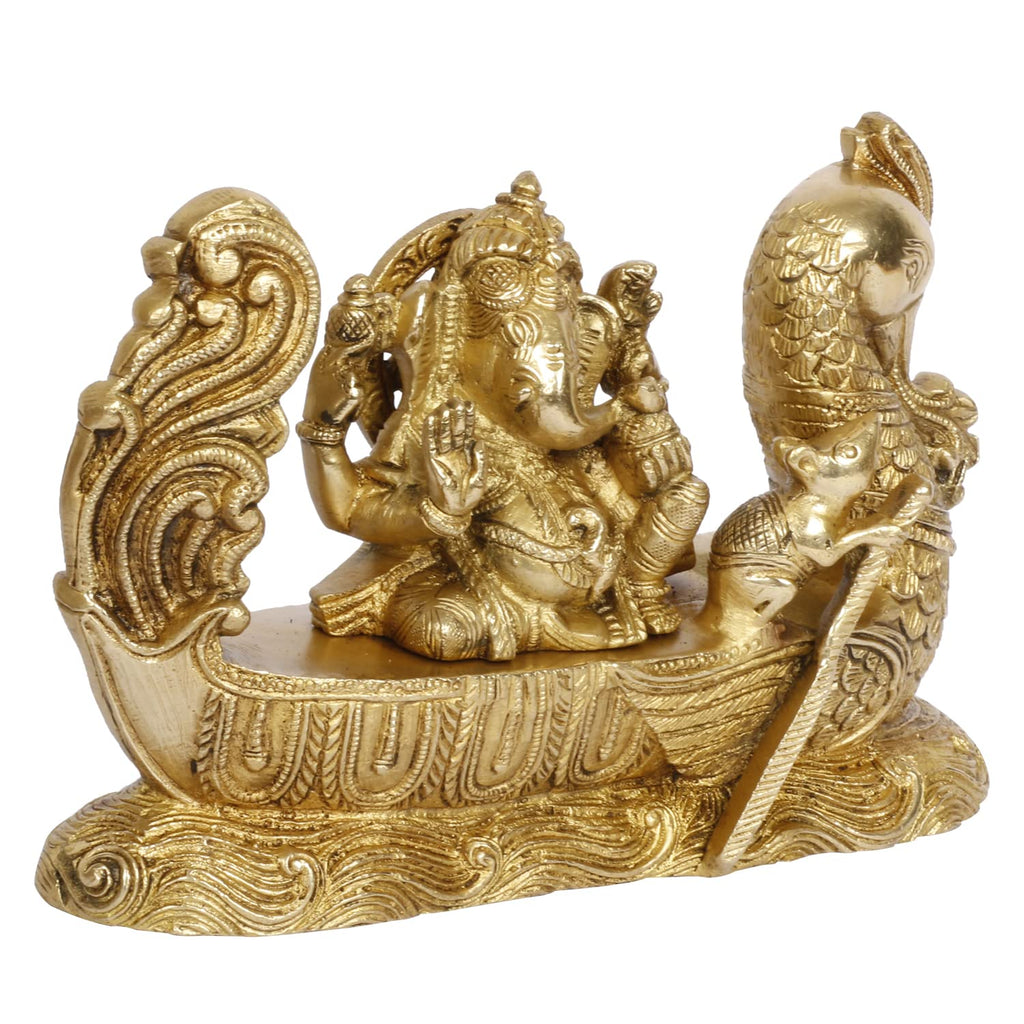 ARTVARKO Brass Ganesh on Swan Boat Idol Murti Blessing Ganesha Statue Vinayak Ganpati for Home Office Temple Puja Entrance Décor Gift.