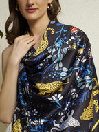 Ravaiyaa - Attitude is everything Women Silk Digital Print Large Square Scarf Breathable Lightweight Neckerchief Printed Headscarf 40 x 40 Inch (Black & Blue Jaguar)