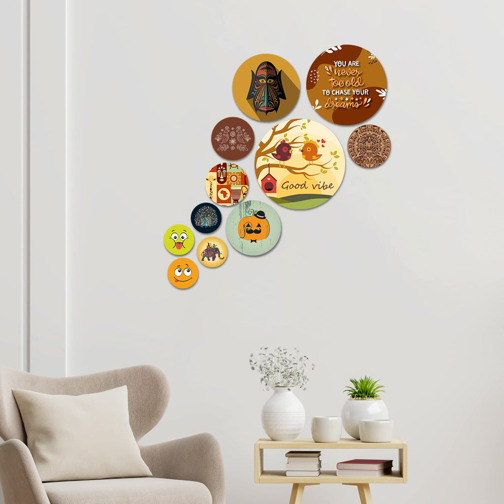 Artvibes Nature Round Shape MDF Wooden Wall Decor Items | Graphic Artwork | Door Decoration Items | Paintings For Wall | Aesthetic Wooden Decor | Handcrafted Art | Unique Gift (WPS_106N), Set of 11