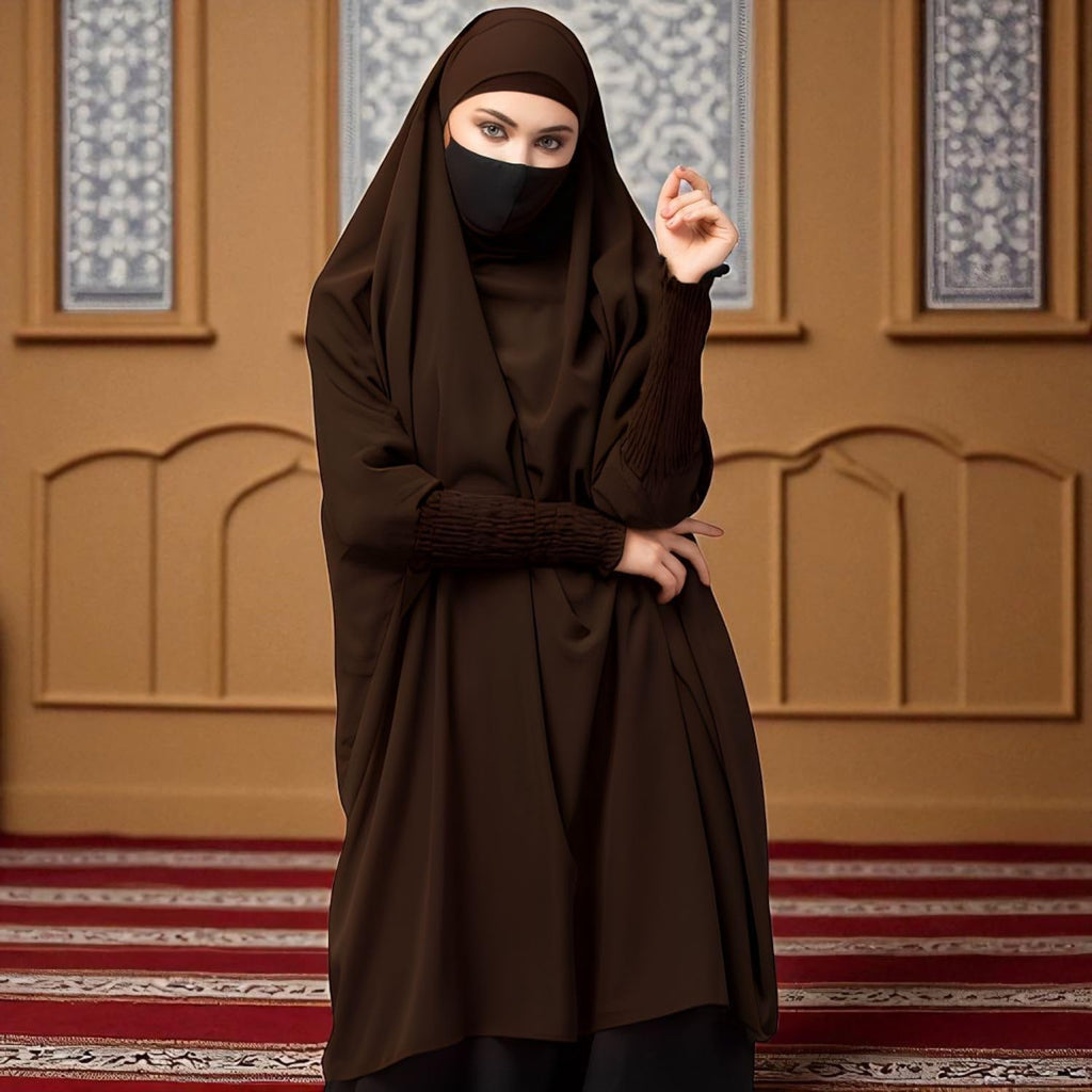 Bashariya Women’s Long Prayer Khimar Hijab with Mouth Piece – Full Coverage Islamic Modest Wear (Brown