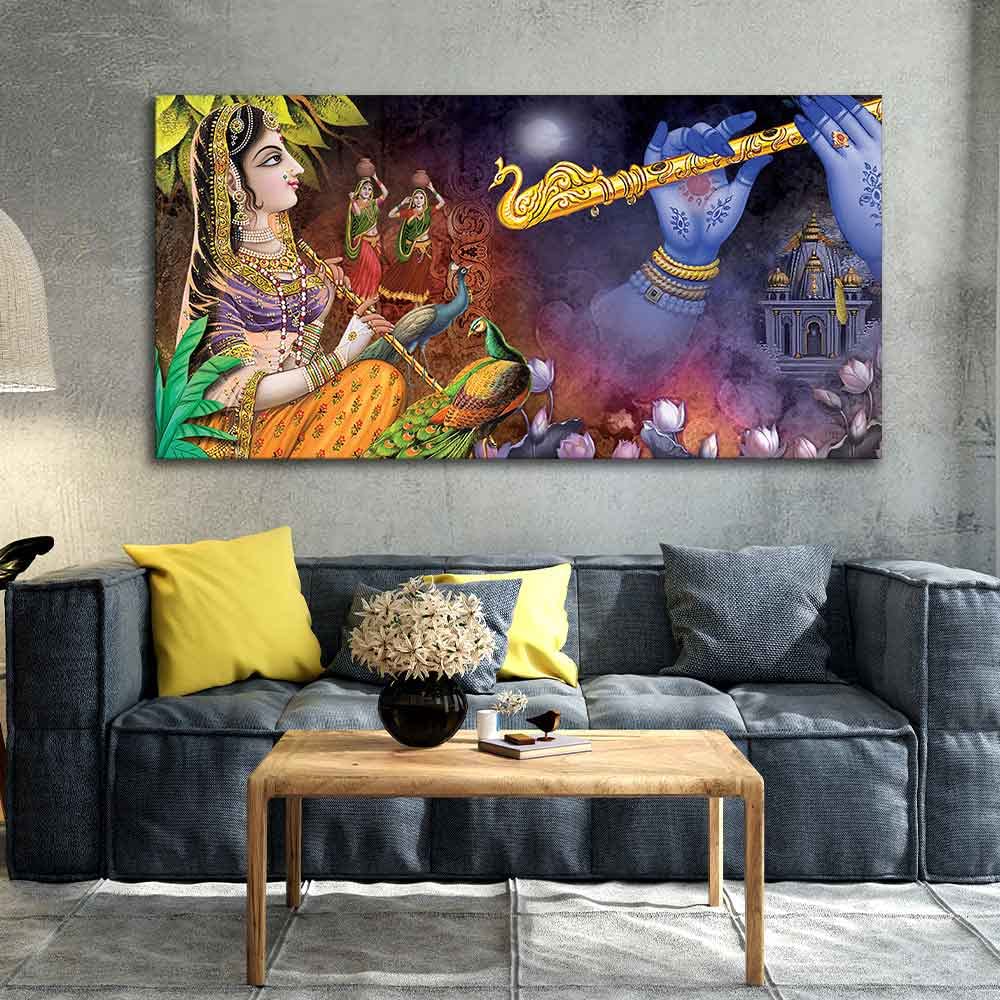 VIBECRAFTS Canvas Paintings for Living Room Drawing Room Canvas Wall Painting of Radha Thinking About Shri Krishna for Home|Office|Gift(PTVCH_2396)(48 x 24 Inches)