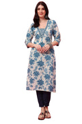 MAHUKAA Blue Floral V-Neck Straight Kurta with Screen Print