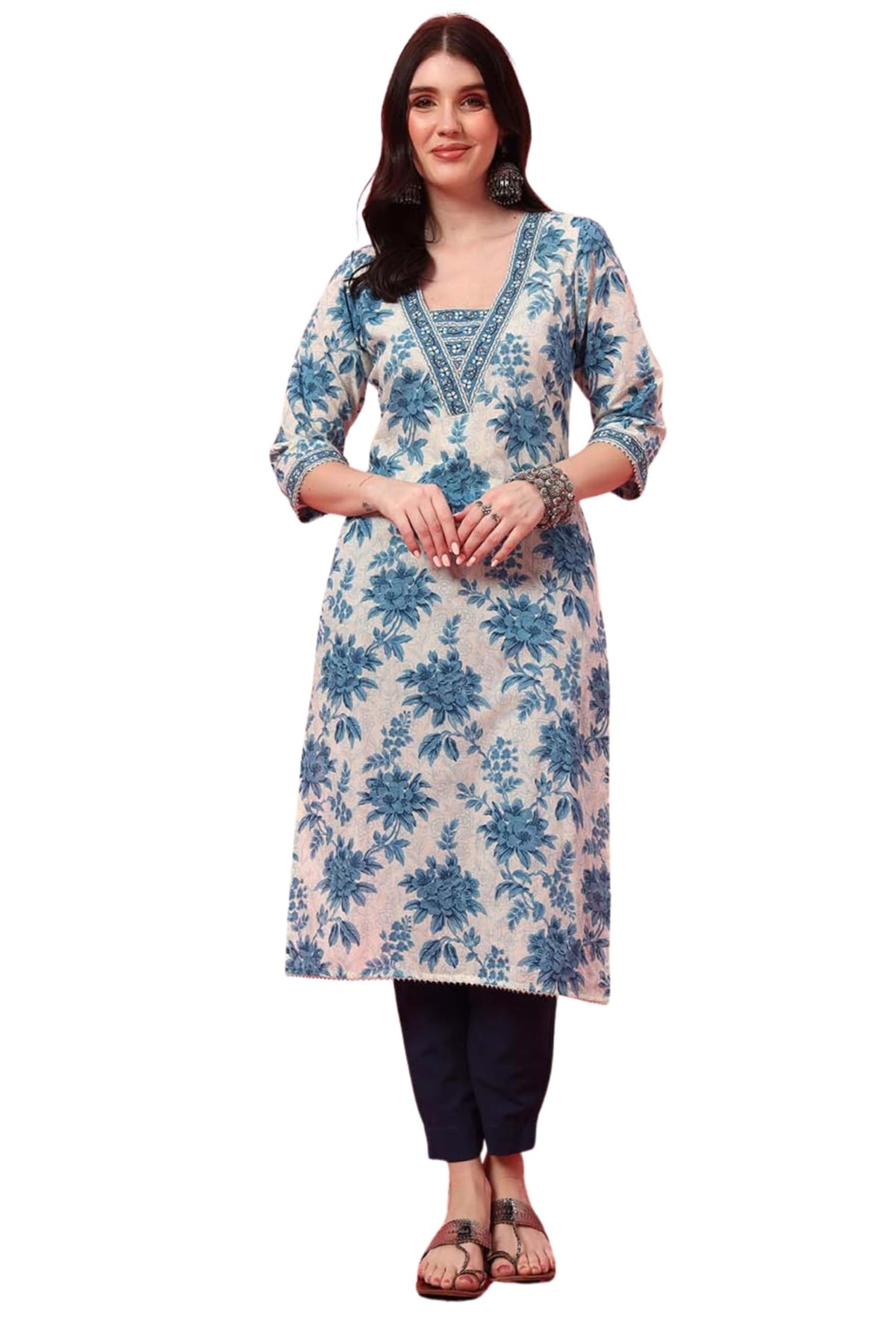 MAHUKAA Blue Floral V-Neck Straight Kurta with Screen Print