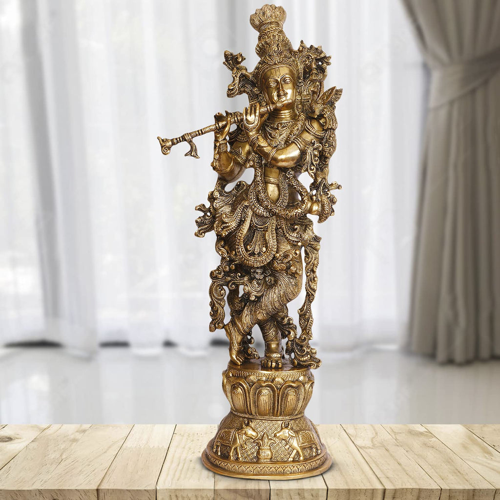 ARTVARKO Brass Krishna Bhagwan Murti Idol in Flute Playing Posture on Cow & Kalash Home Temple Decor Entrance Statue Height 29 Inch