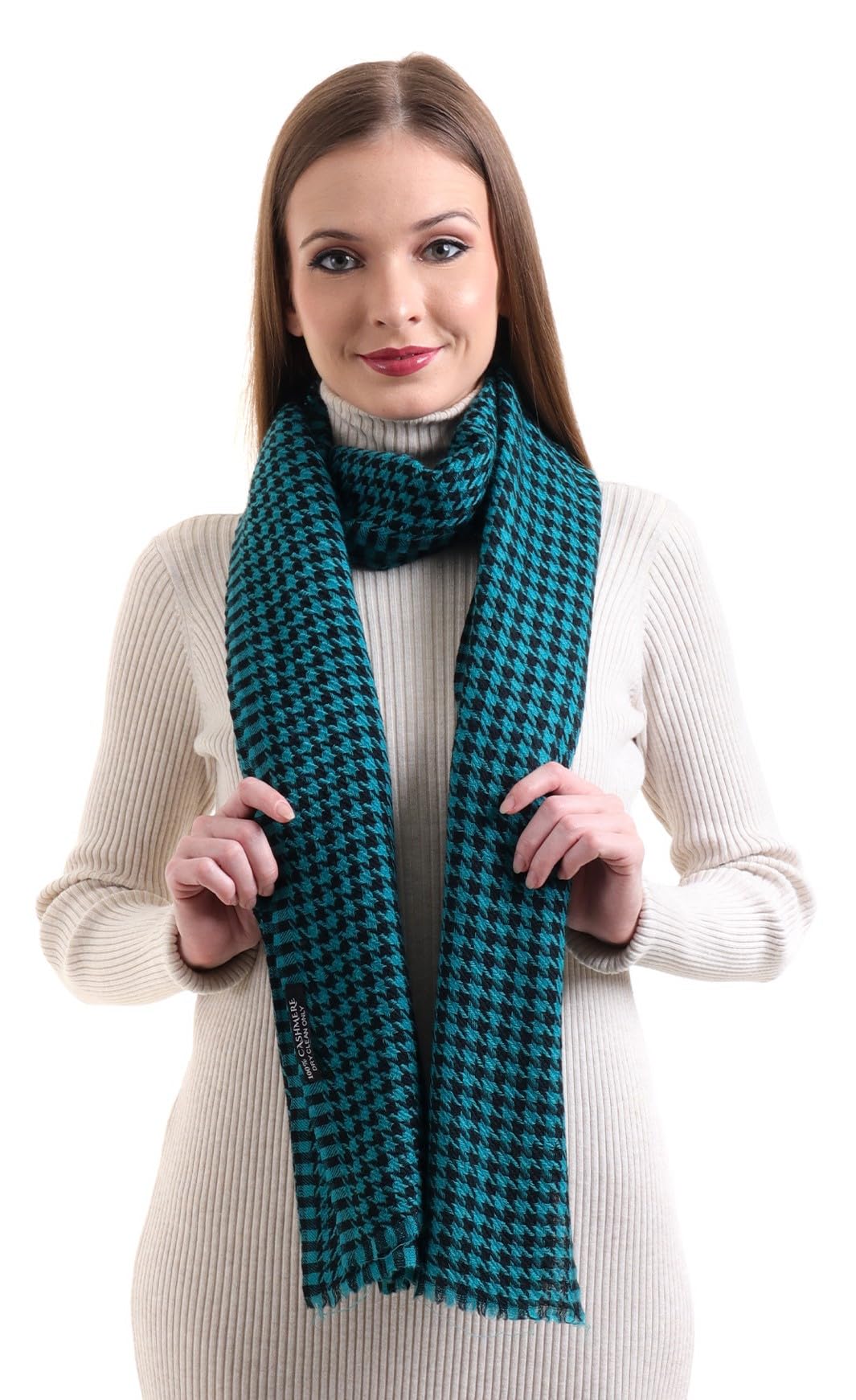 EH 100% Pure Cashmere scarf, stole Houndstooth, warm large buttery soft Pashmina (TEAL BLUE & BLACK)