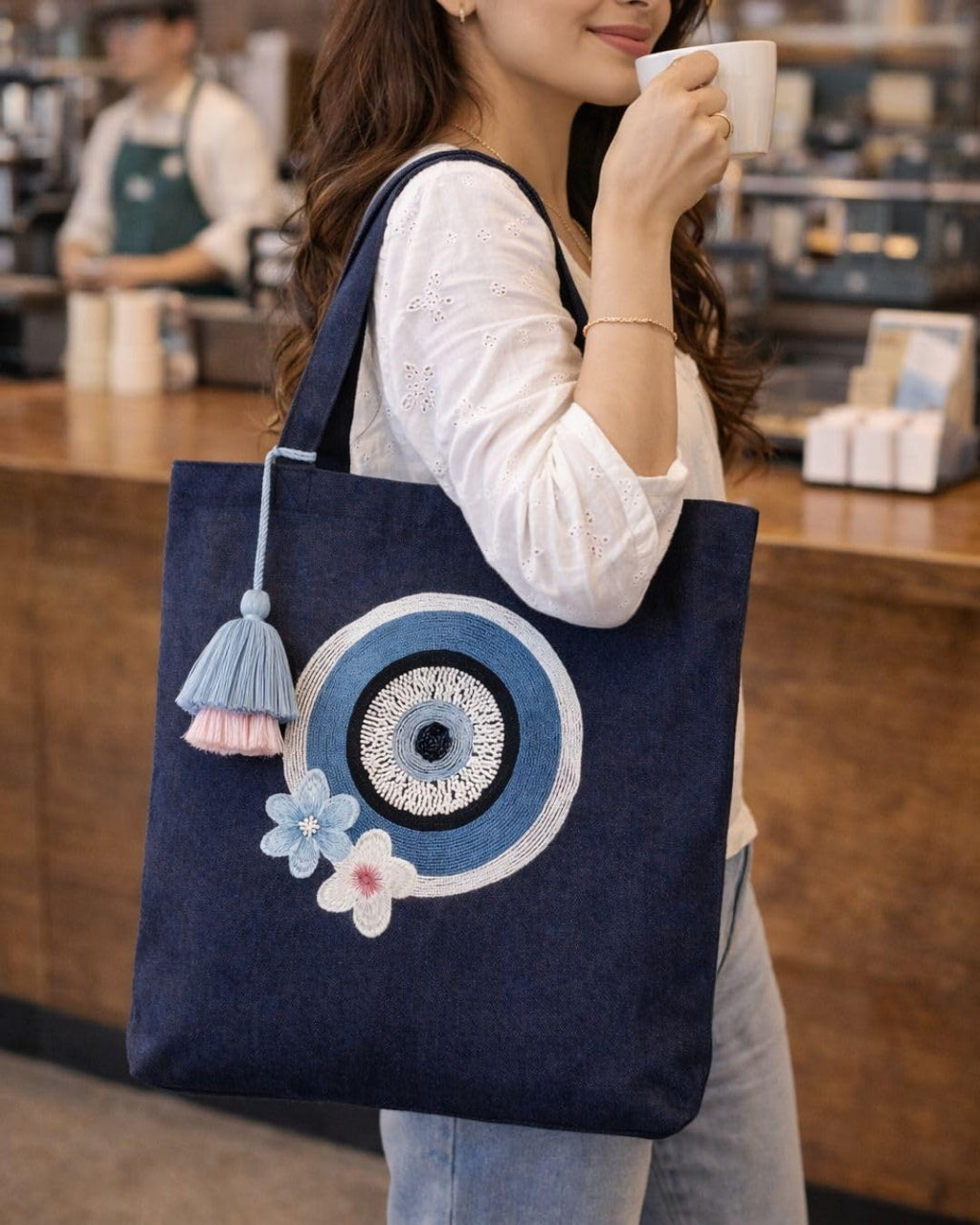 MASQ Premium ToteBag for Women with Zipper | Embroidered Foldable Shoulder Bag with Multiple Pockets | Spacious Handbag for College & Office | Eco-Friendly & Reusable