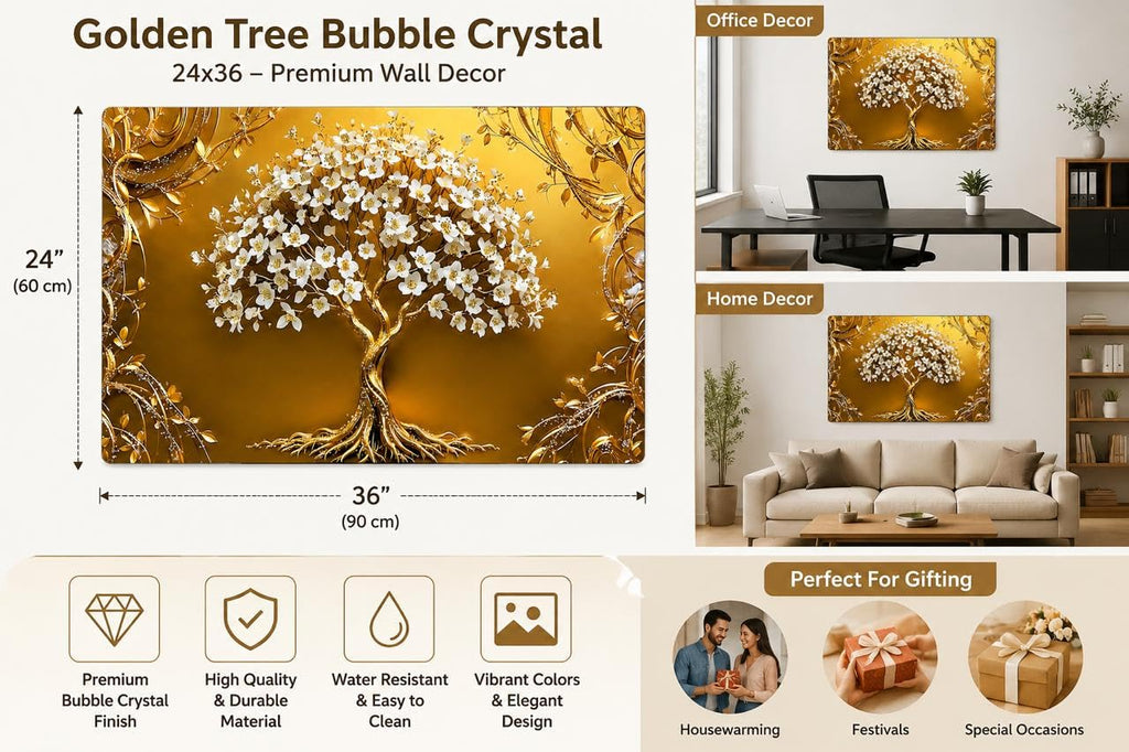 HighMark Gifts Golden Tree Bubble Crystal Wall Painting 24 x 36 Inches | Premium Decorative Scenery Wall Art | Waterproof & Easy to Clean | Luxury Wall Decor for Living Room, Bedroom, Office & Hotel