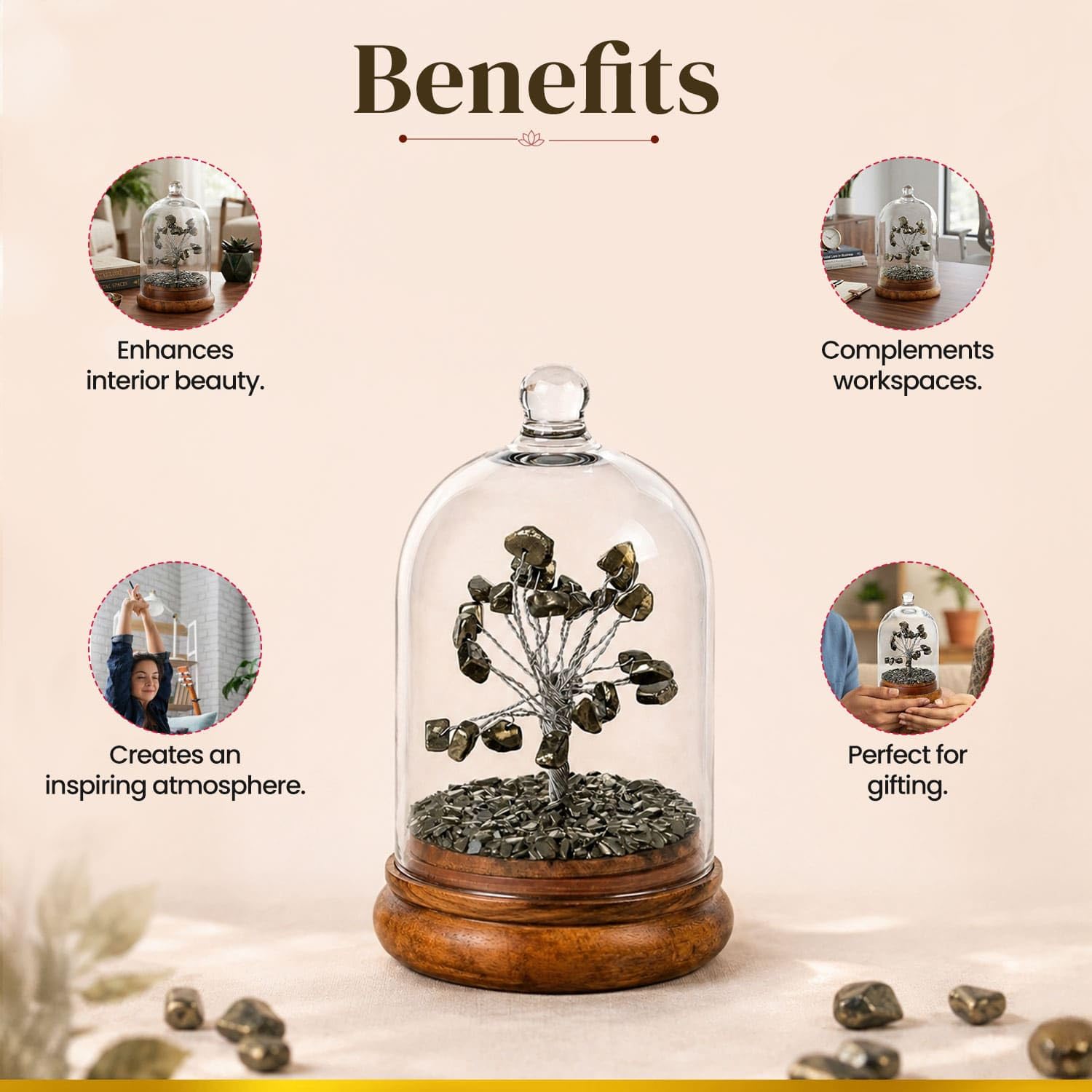 BhagyaG Pyrite Crystal Tree with Glass Dome & Wooden Base | Natural Pyrite Stone Money Tree Showpiece for Home, Office, Study Table & Décor | Elegant Gemstone Tree Gift