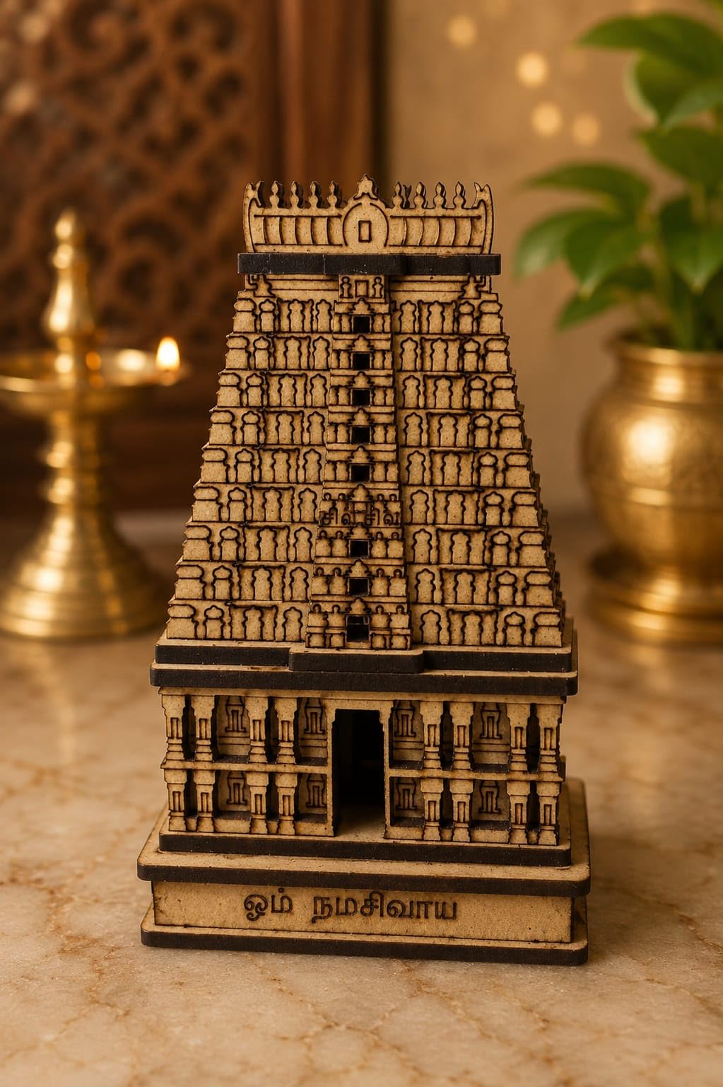 Sri Arunachaleswarar Temple Wooden Miniature, MDF, Laser-Cut Detailed Architecture, Tiruvannamalai Showpiece, Spiritual Gift