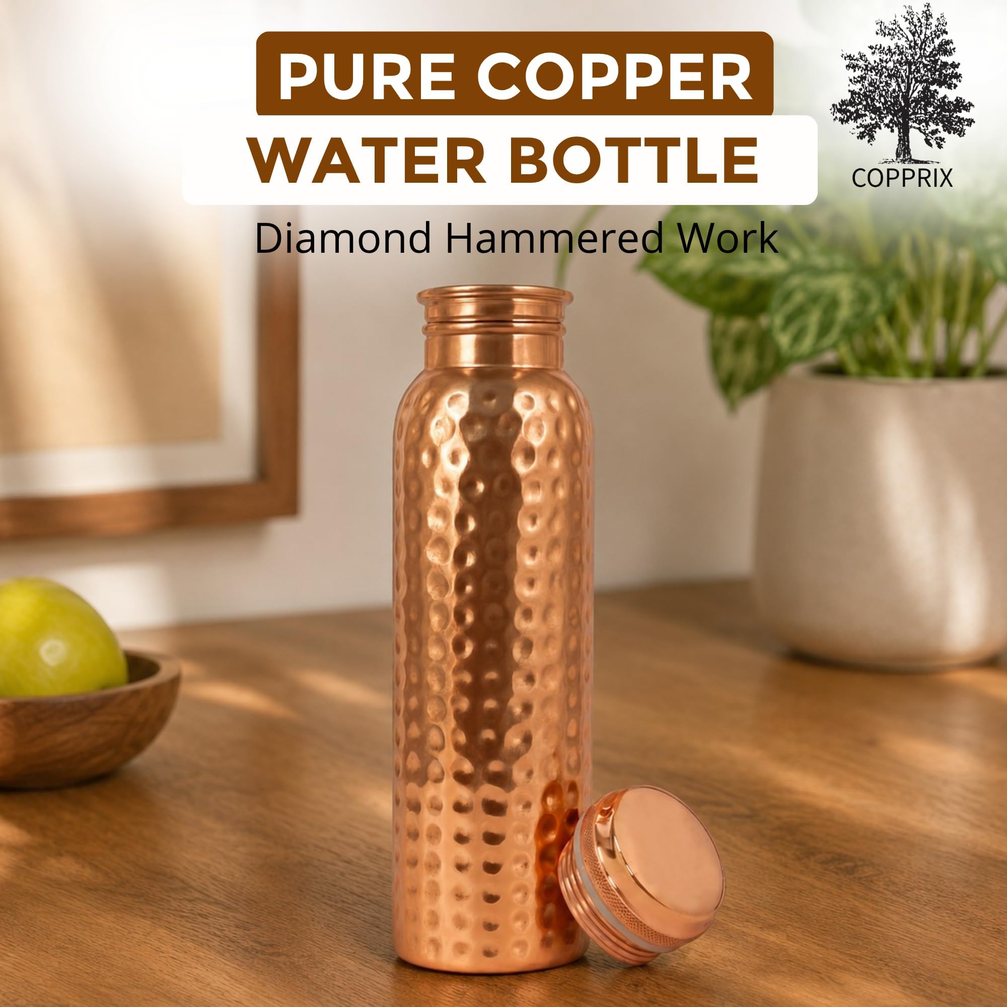 Copprix Copper Water Bottle 1 Ltr | Copper Bottle for Men & Women | 100% Pure Copper | BPA Free & Leak Proof | Easy to Carry | Suitable for Yoga, School & Office | Best for Gifting (Hammered)