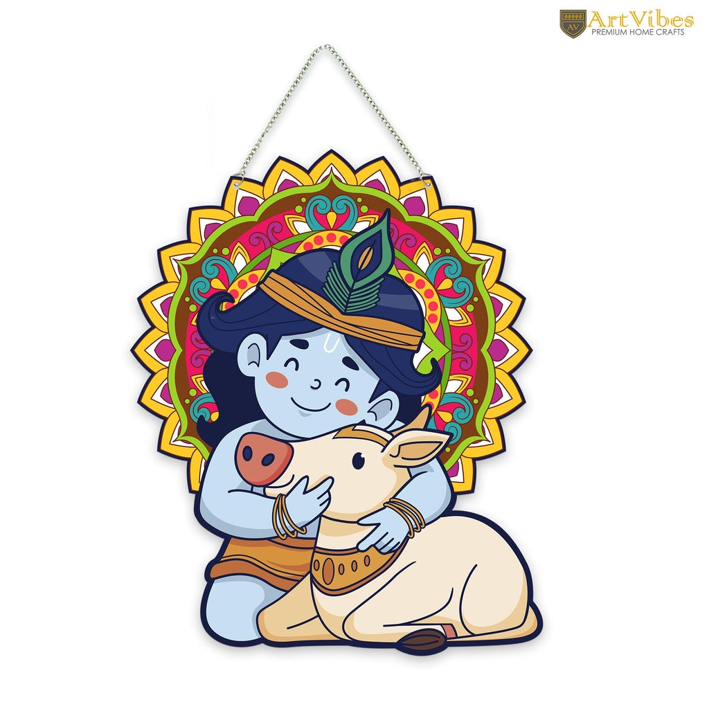 Artvibes Bal Krishna with Cow Wall And Door Hanging for Home Decoration | Religious Wall Art | Spiritual Decor Items | Wall Poster | Artwork| Stylish Modern Decor Item | Gift Items (WH_8604N)