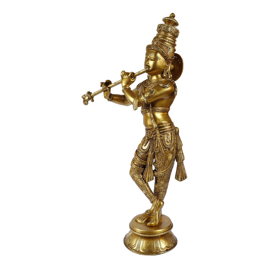 ARTVARKO Big Brass Krishna God Murti Statue of Love Flute Playing Home Décor Living Pooja Room Mandir Temple(Gold, Height 23 Inch)