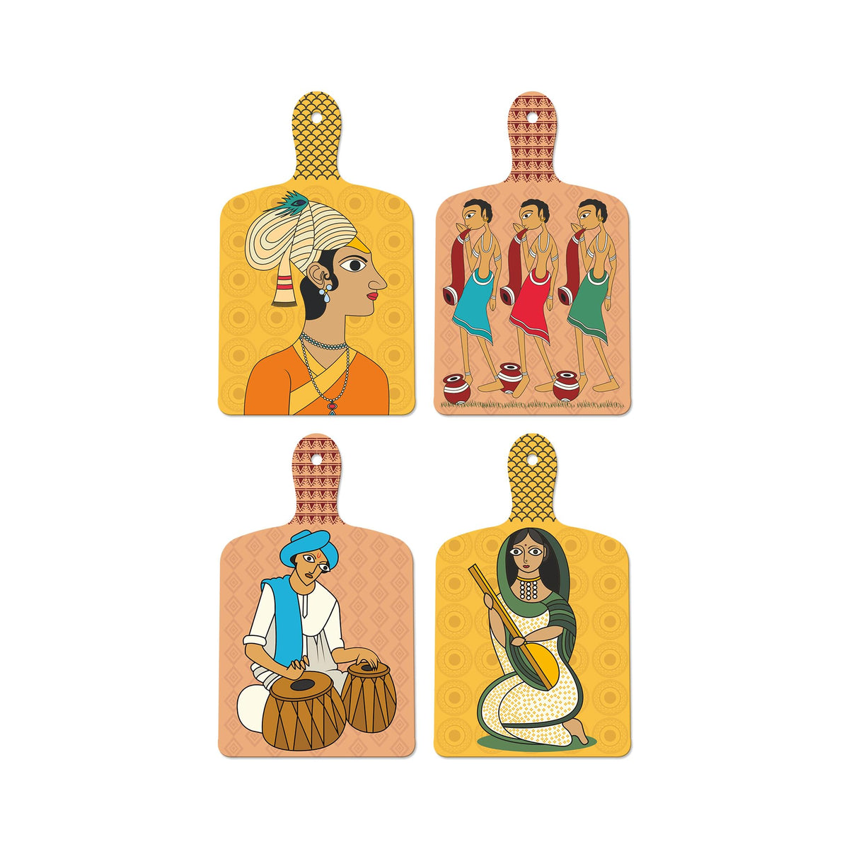 Artvibes Indian Folk Music & Dance Pichwai Art Wooden Art Decoration Item for Living Room | Office | Cafe | Graphic Artwork | Wall Art Print | Sceneries | Unique Gift Items (WH_5622N), Set of 4