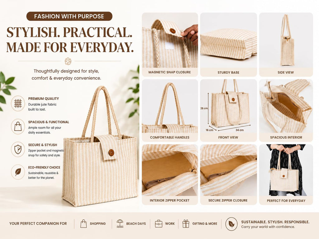 MOZU BAZAAR Jute Lunch Bag with Zip | Lunch Box Bag for Office Use | Jute Bag for Lunch | Jute Bags for Women & Men, Shopping, Grocery & Office Essentials (Ivory Stripe)