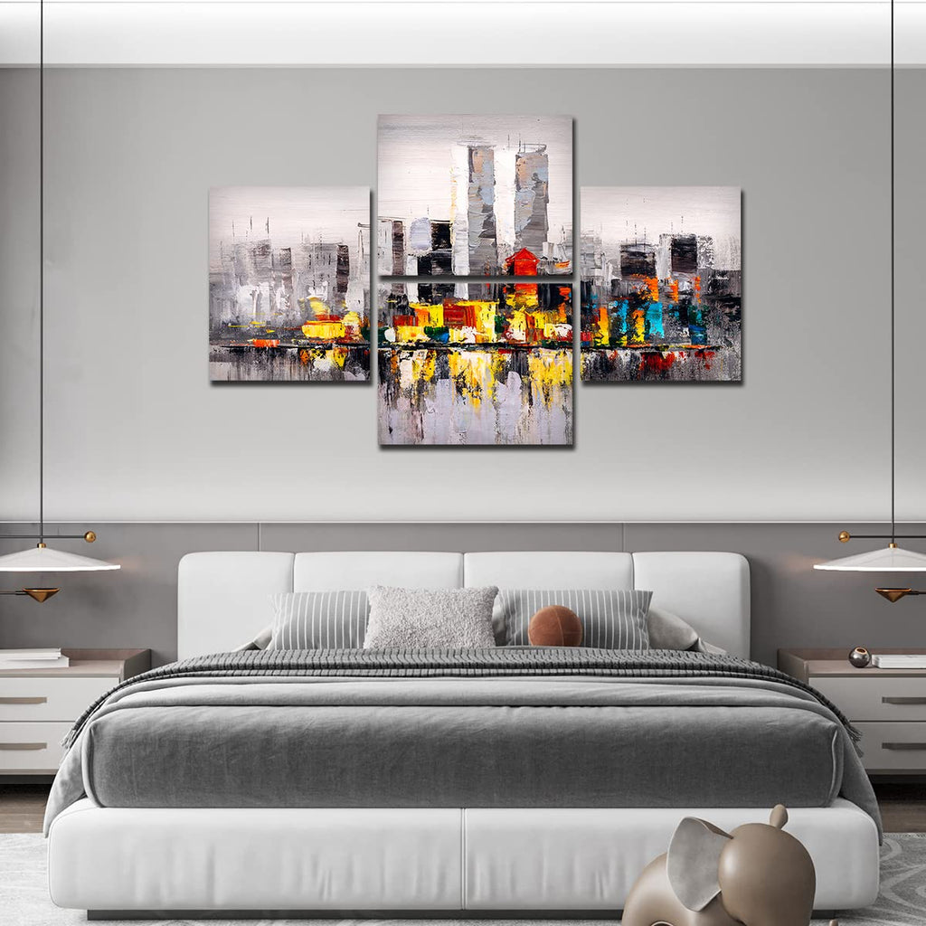VIBECRAFTS New York City Skyline 4 Pieces Canvas Wall Painting Fitted With Wooden Frame For Home | Office | Living Room | Gifts (PTVC4Pcs4_16503)