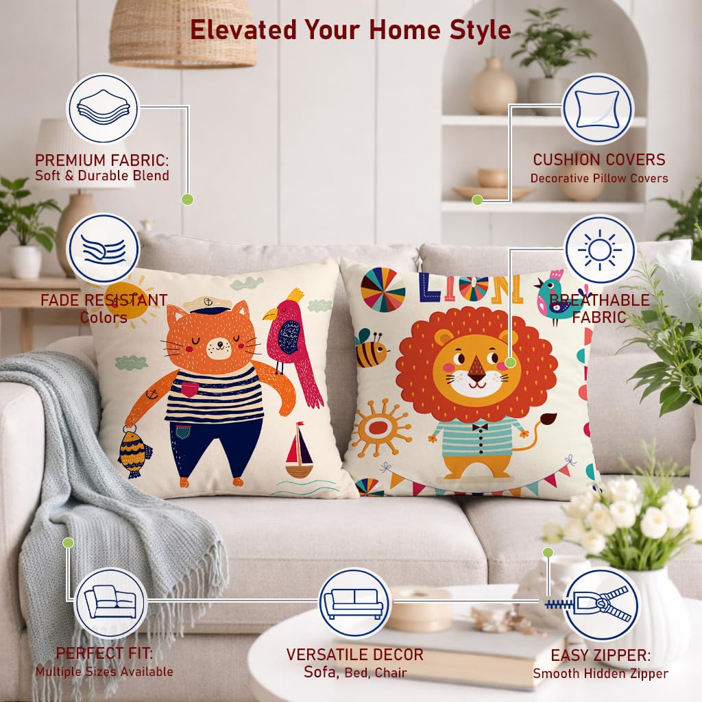 STITCHNEST Set of 2 Folk Art Animal Fantasy Collection Printed Jute Cushion Covers 16x16 Inches | Decorative Throw Pillow Covers for Sofa, Living Room, Bedroom | Perfect for Home Decor