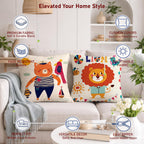 STITCHNEST Set of 2 Folk Art Animal Fantasy Collection Printed Jute Cushion Covers 16x16 Inches | Decorative Throw Pillow Covers for Sofa, Living Room, Bedroom | Perfect for Home Decor