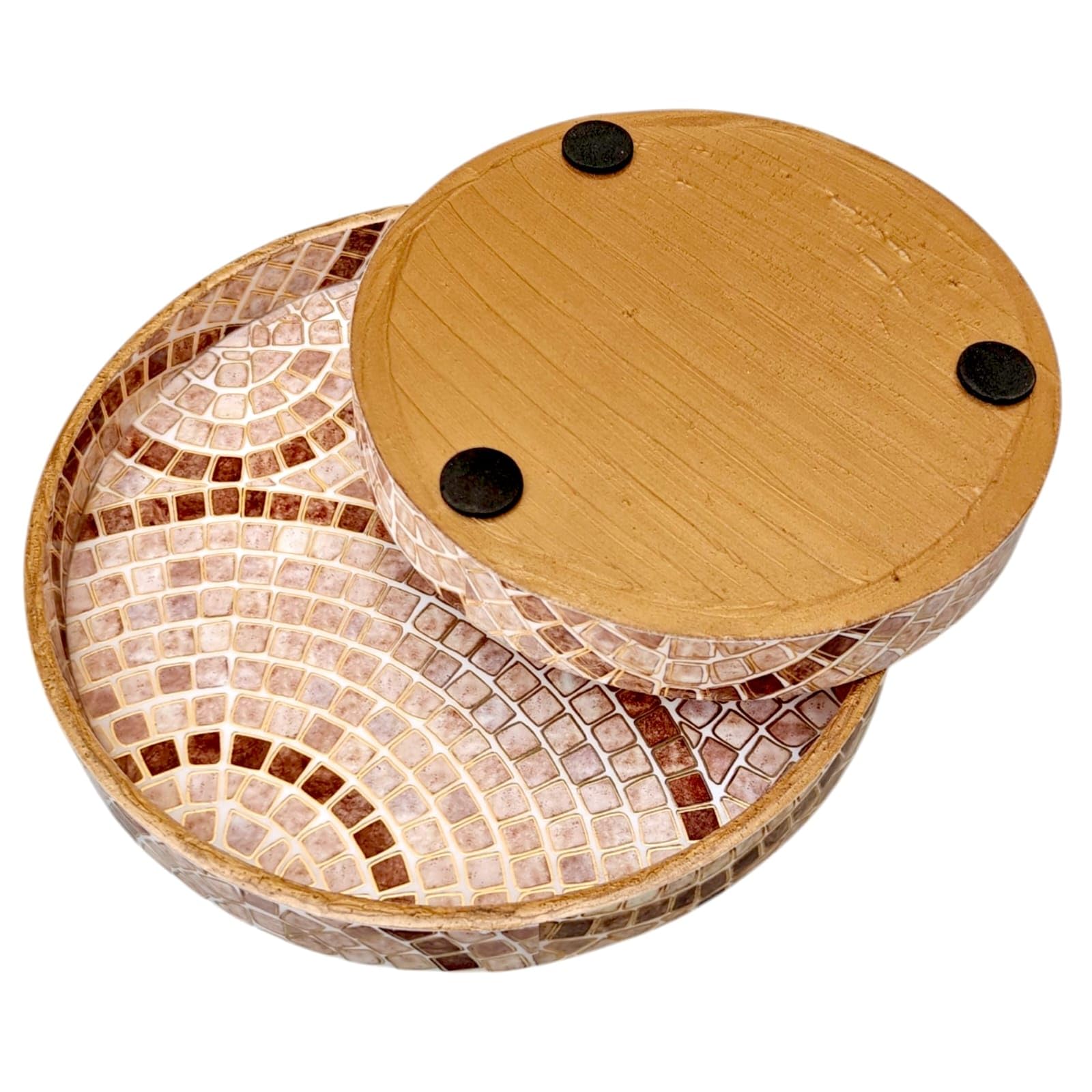 TRAYZON Round MDF Serving Tray Set of 2 | Decorative Mosaic Design | Premium Glossy Waterproof Finish | Wooden Tea & Coffee Serving Trays for Kitchen, Dining, Home Decor & Gifting | Brown & Beige