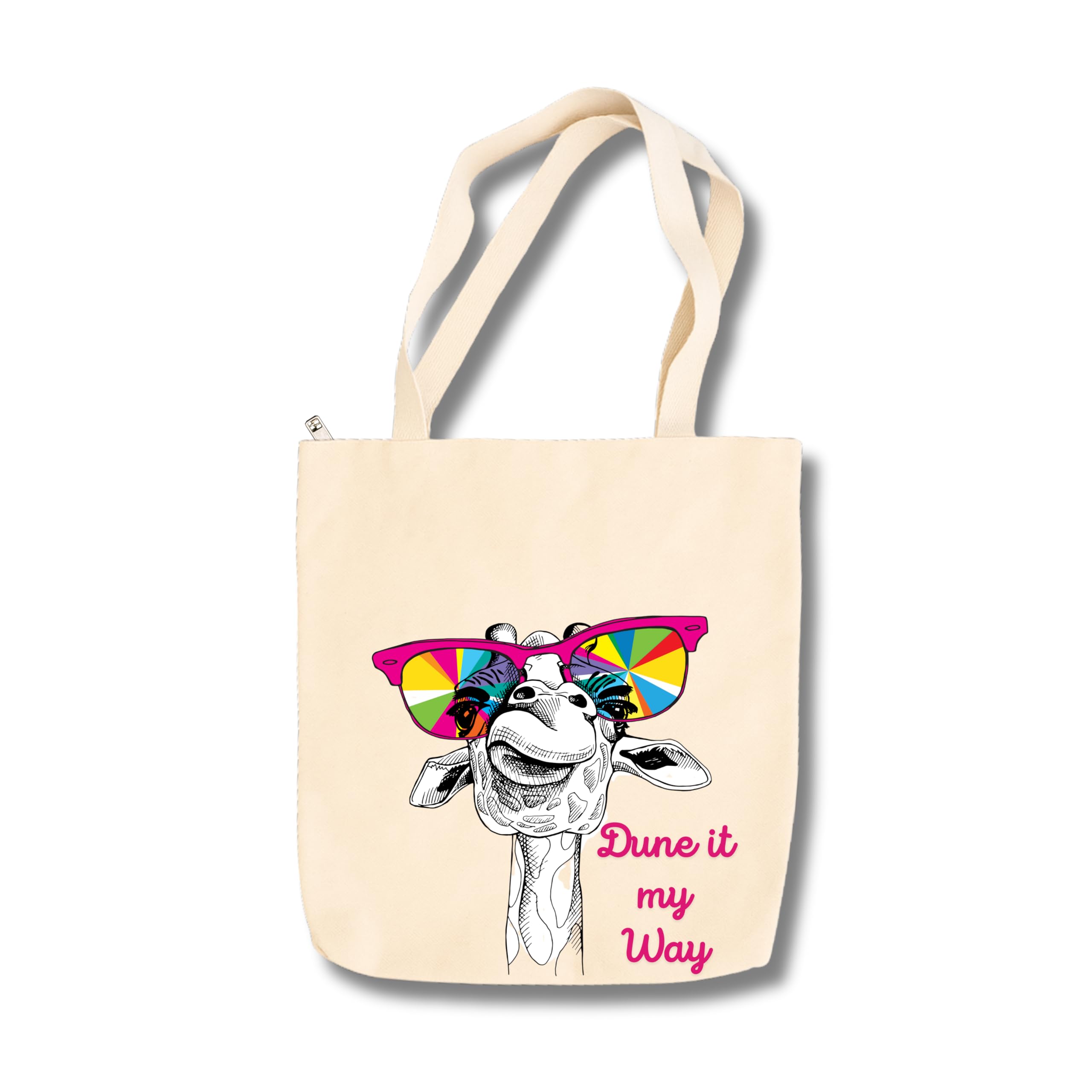 snapiq COTTON 350 GSM Canvas Tote Bag for Women and Girls Thick Fabric with Zipper (Beige, Giraffe1)