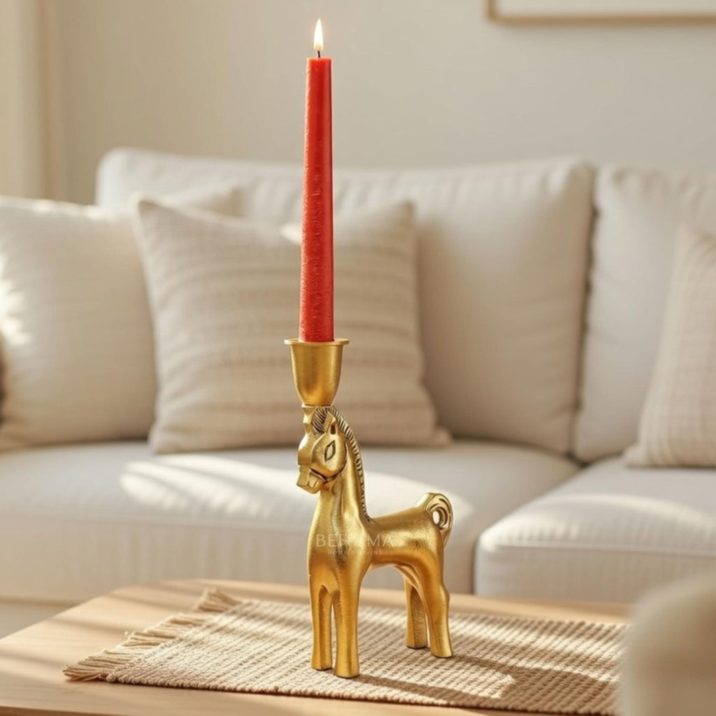 BEHOMA Handcrafted Metal Horse Candle Holder, Golden