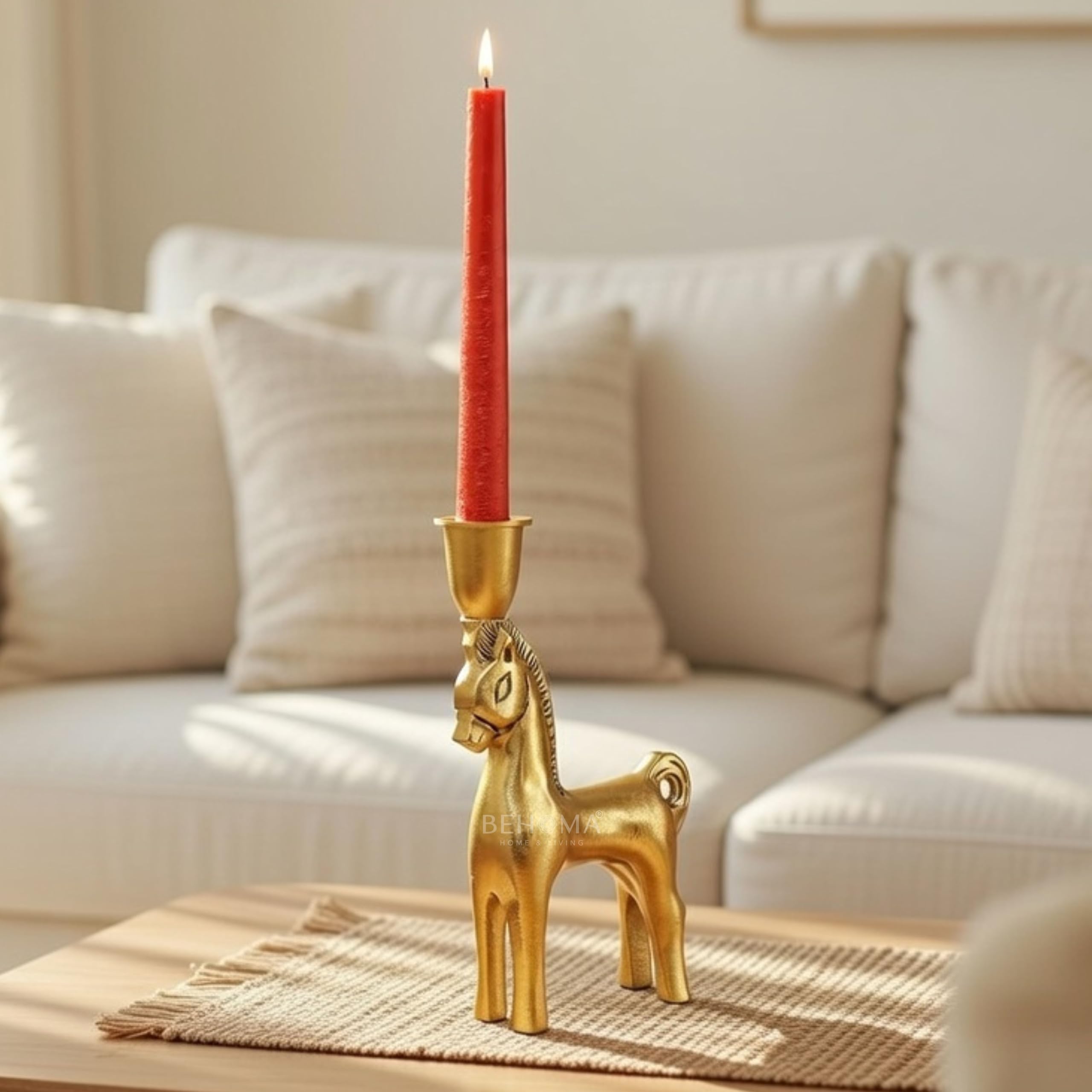 BEHOMA Handcrafted Metal Horse Candle Holder, Golden