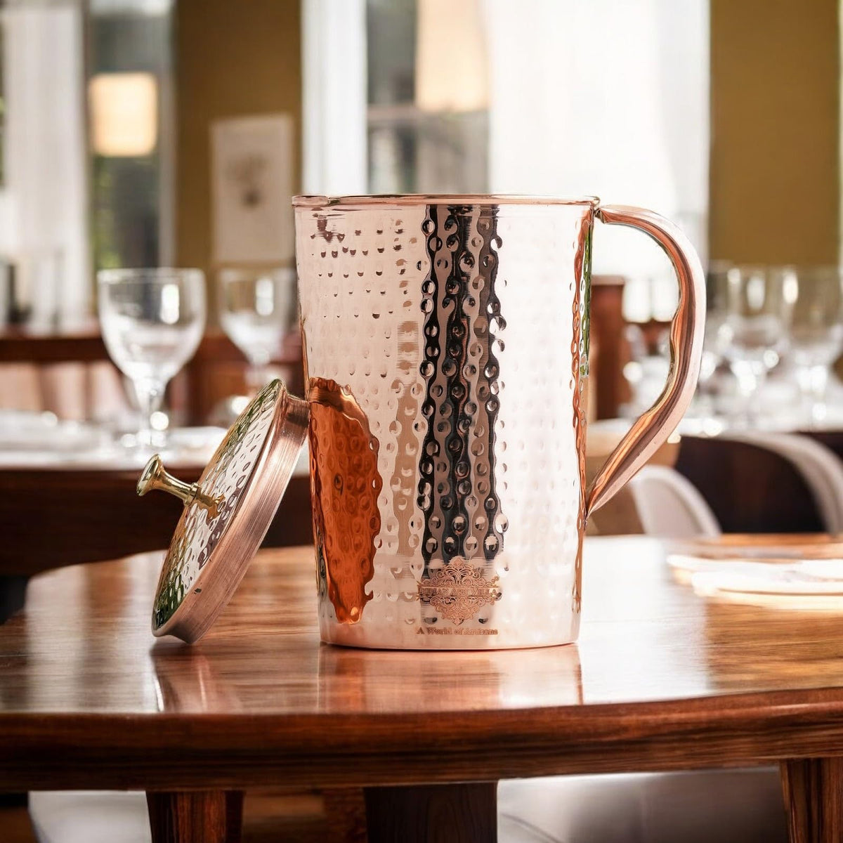 IndianArtVilla Pure Copper Jug Pitcher, Hammered Design, Storage Water, Health Benefits, 1 LTR