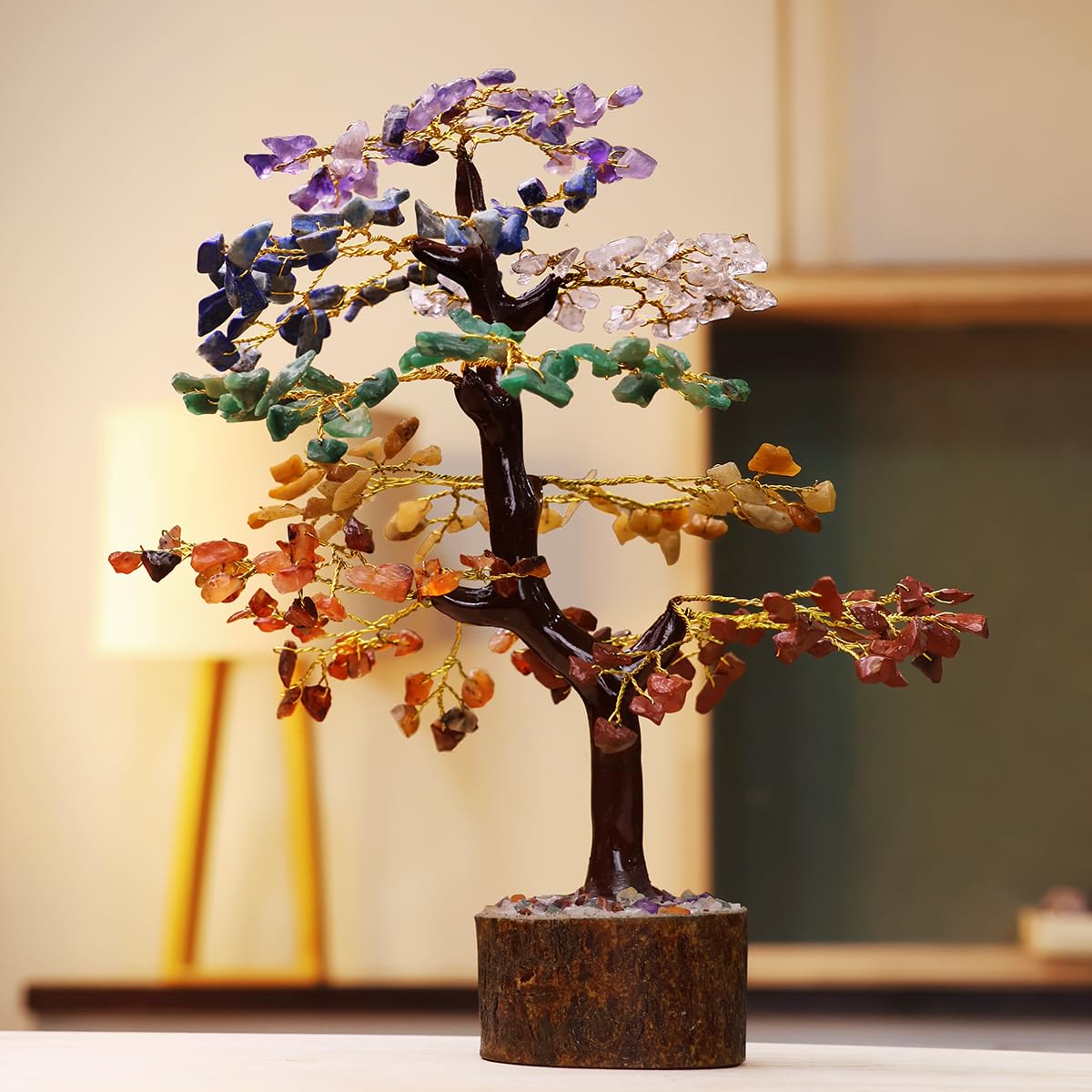 Shubhanjali 7 Chakra Tree M-Seal 300 Beads for Home Decor | Crystal Tree for Positivity Goodluck | Gemstones | Feng Shui Stone Tree for Living Room, Office Desk & Hall Decor | Christmas Decor Gift